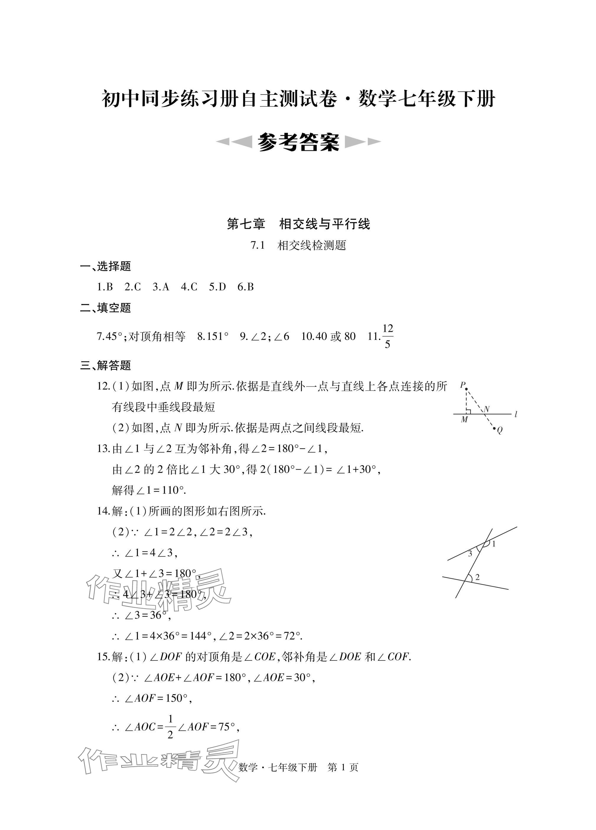2025年初中同步練習冊自主測試卷七年級數學下冊人教版 參考答案第1頁
