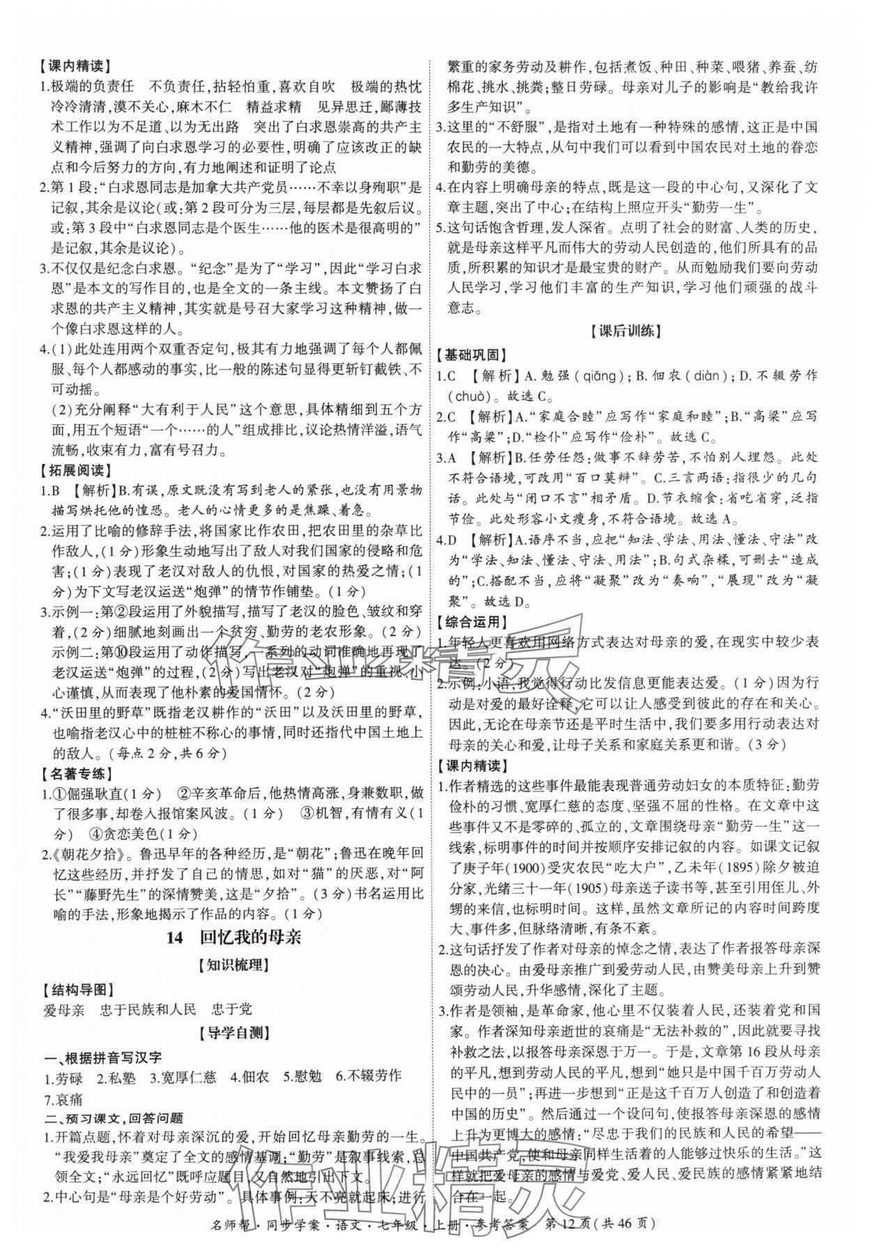 2024年名師幫同步學(xué)案七年級語文上冊人教版 參考答案第12頁