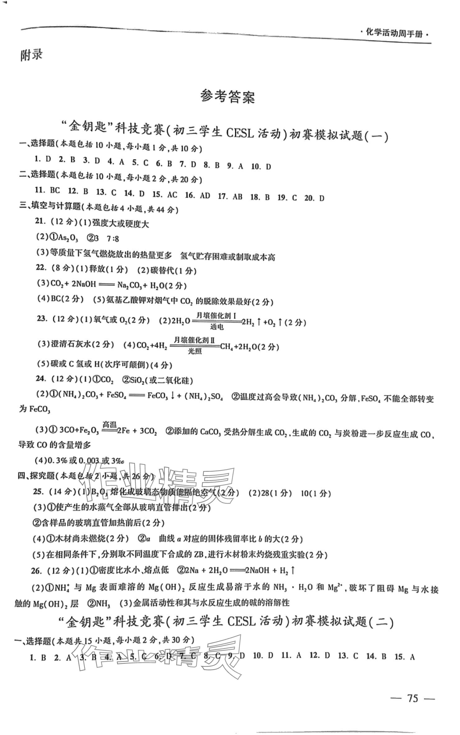 2024年活动周手册九年级化学下册沪教版 参考答案第1页
