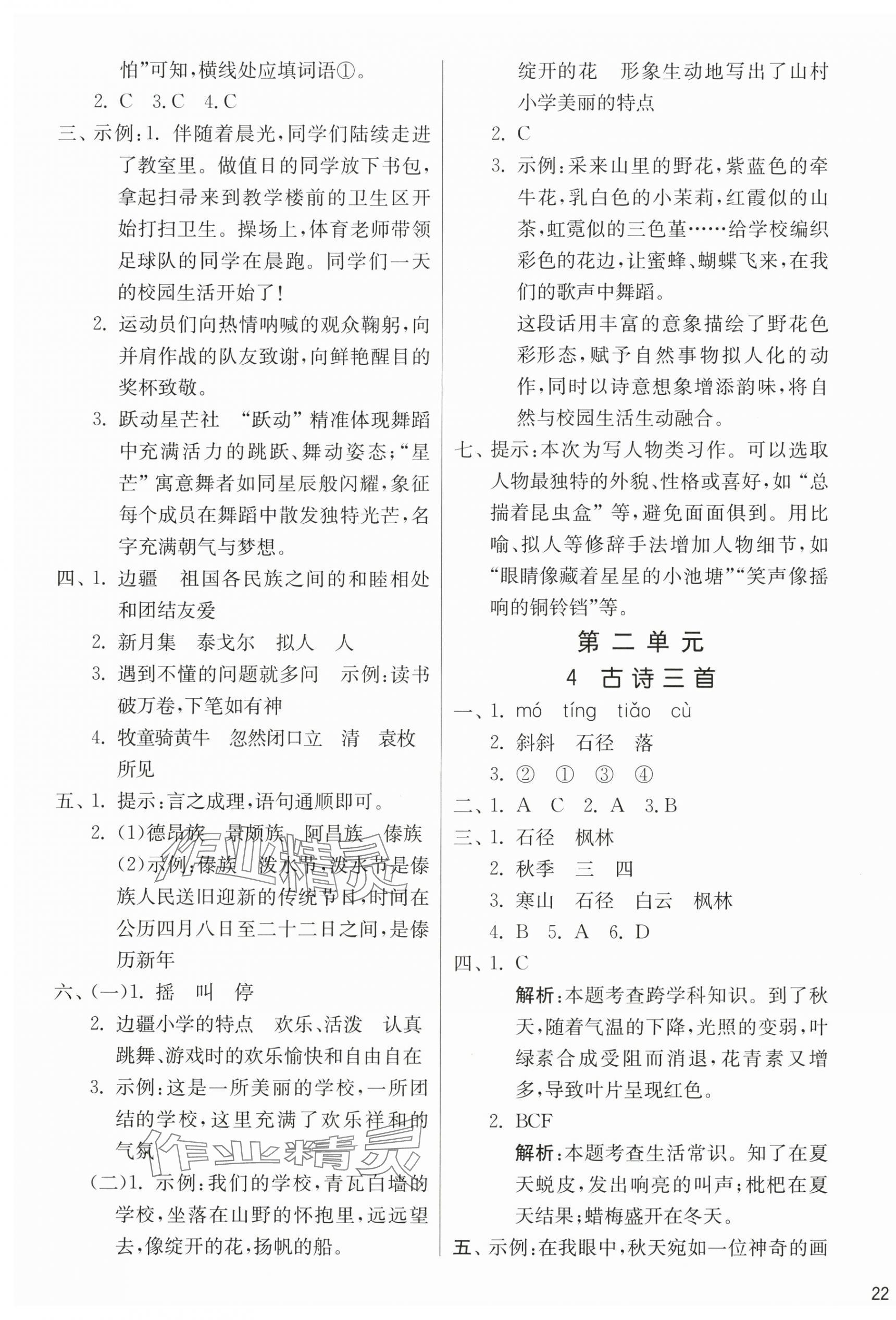 2025年課時訓練江蘇人民出版社三年級語文上冊人教版 參考答案第3頁