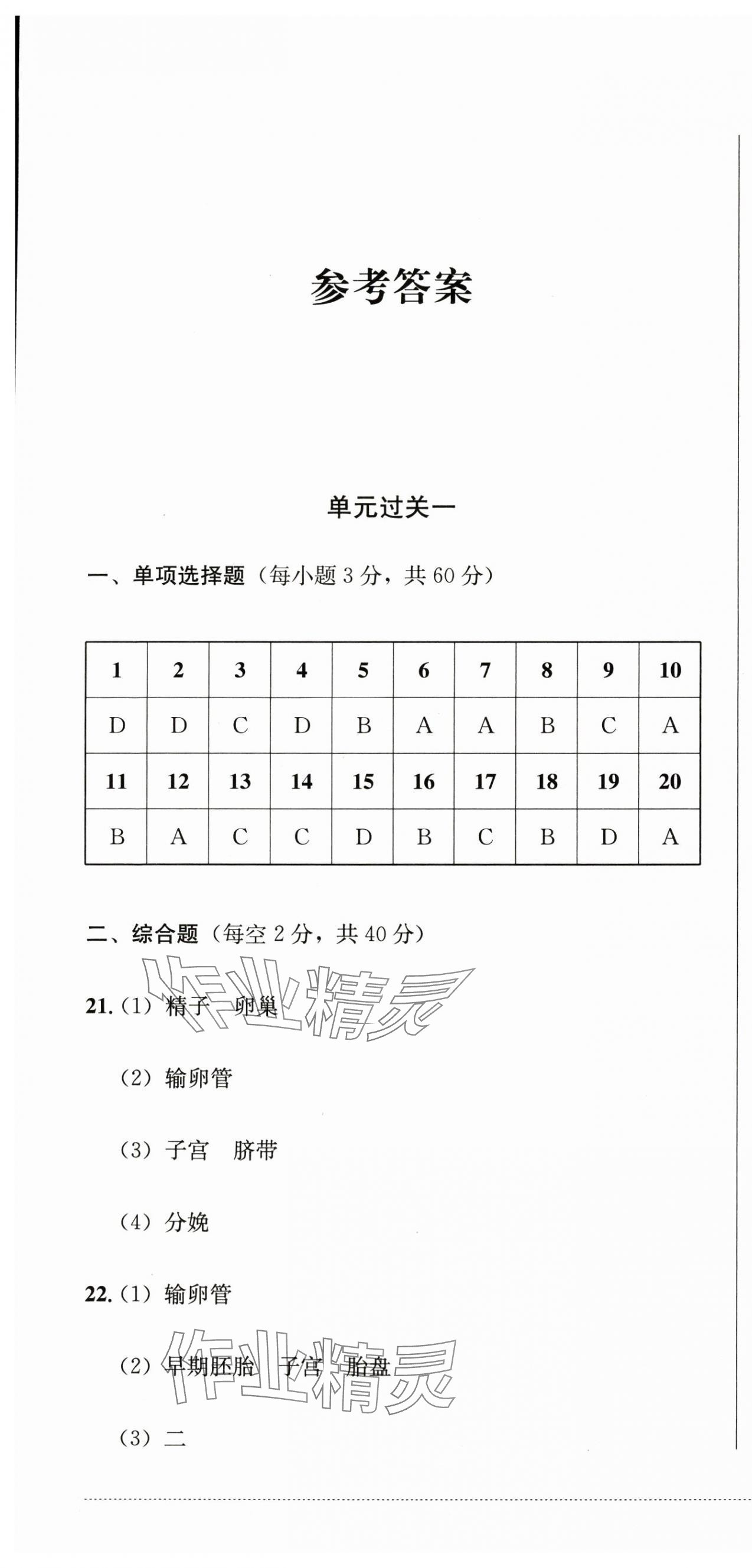 2024年精练过关四川教育出版社七年级生物下册人教版 参考答案第1页