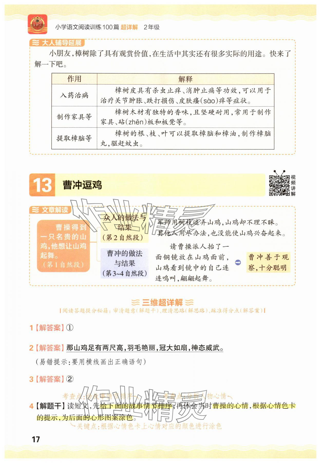 2025年王朝霞小学语文阅读训练100篇二年级&nbsp;参考答案第17页