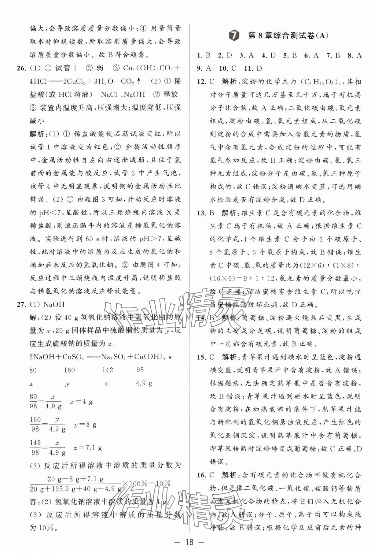 2024年亮點給力大試卷九年級化學下冊滬教版 參考答案第18頁