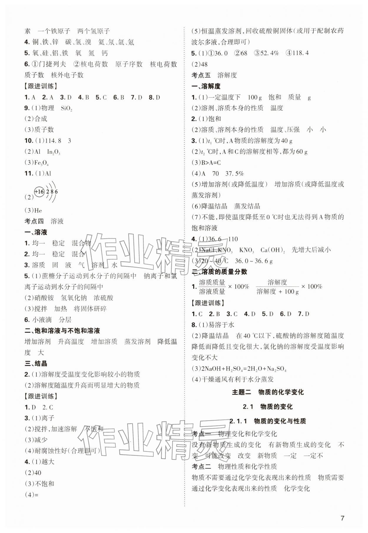 2026年中考复习指导与优化训练化学&nbsp;参考答案第7页