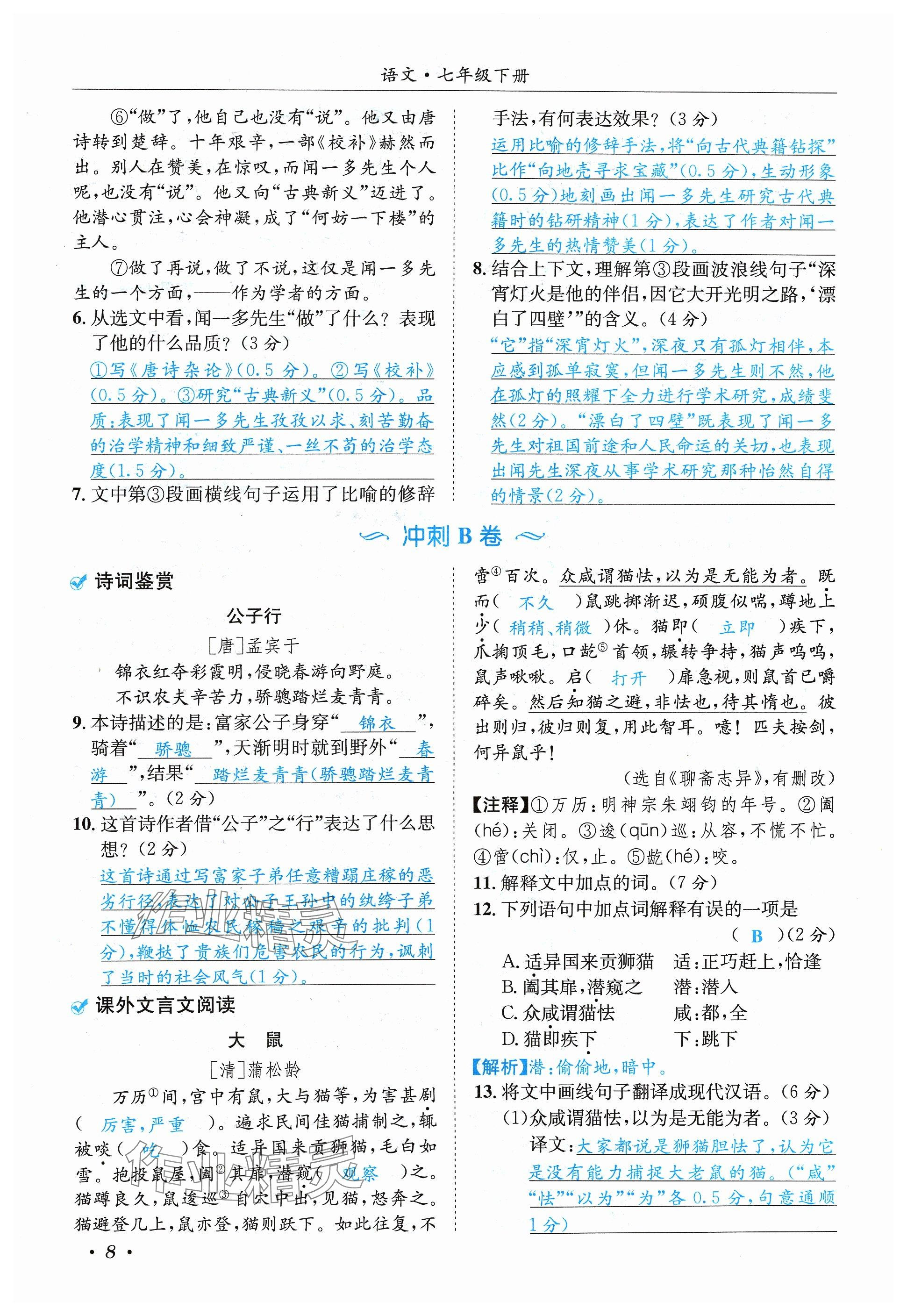 2024年蓉城學(xué)霸七年級(jí)語(yǔ)文下冊(cè)人教版 參考答案第8頁(yè)