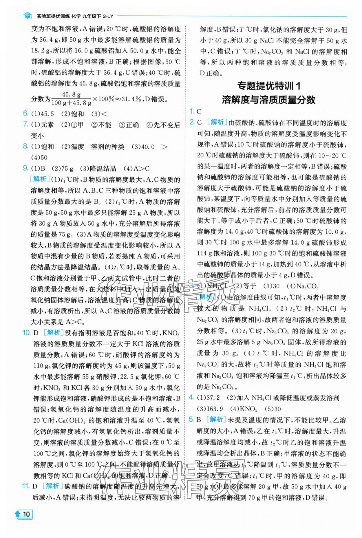 2025年實驗班提優(yōu)訓(xùn)練九年級化學(xué)下冊滬教版 參考答案第10頁