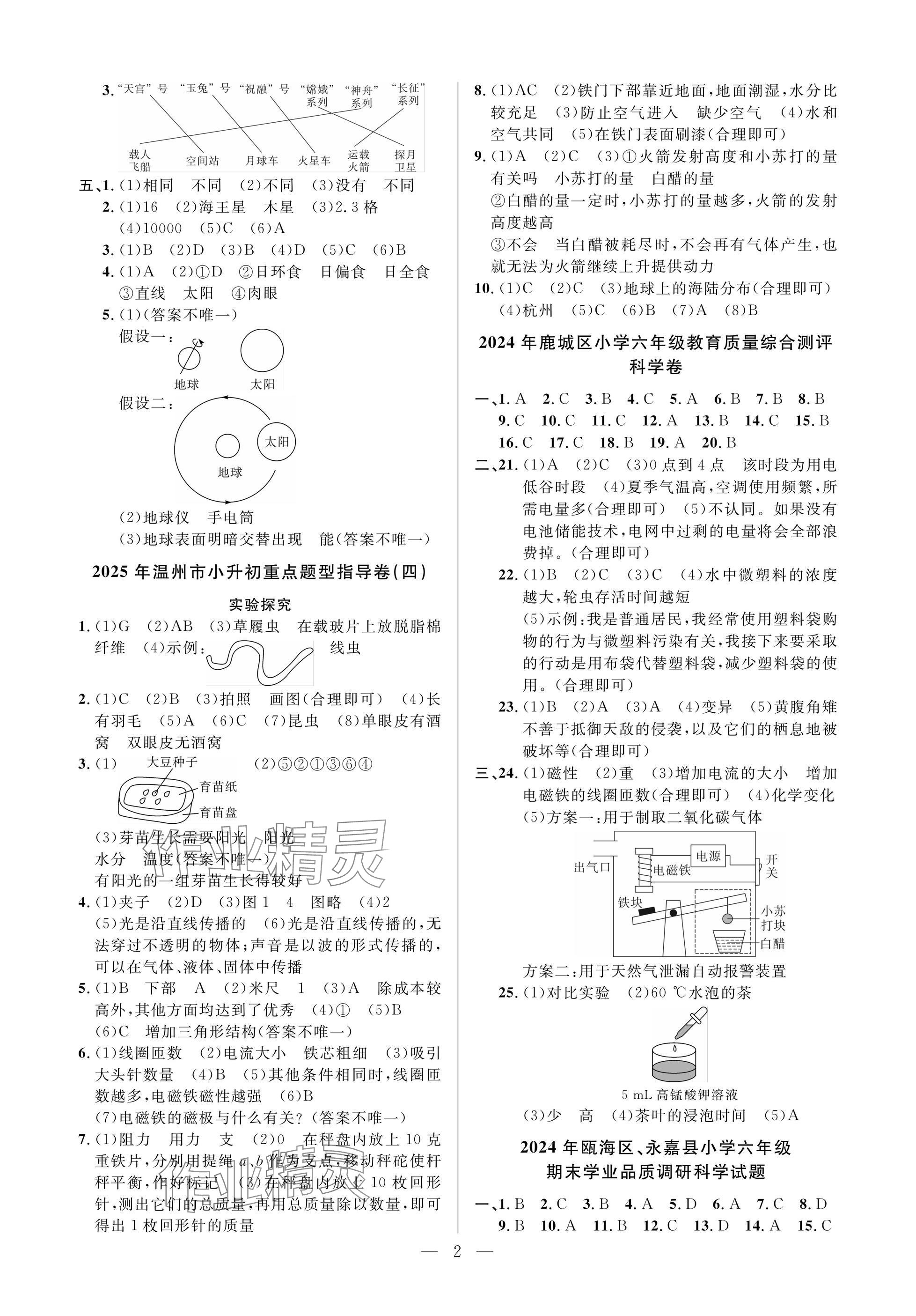 2025年小学毕业特训卷科学温州专版 参考答案第2页