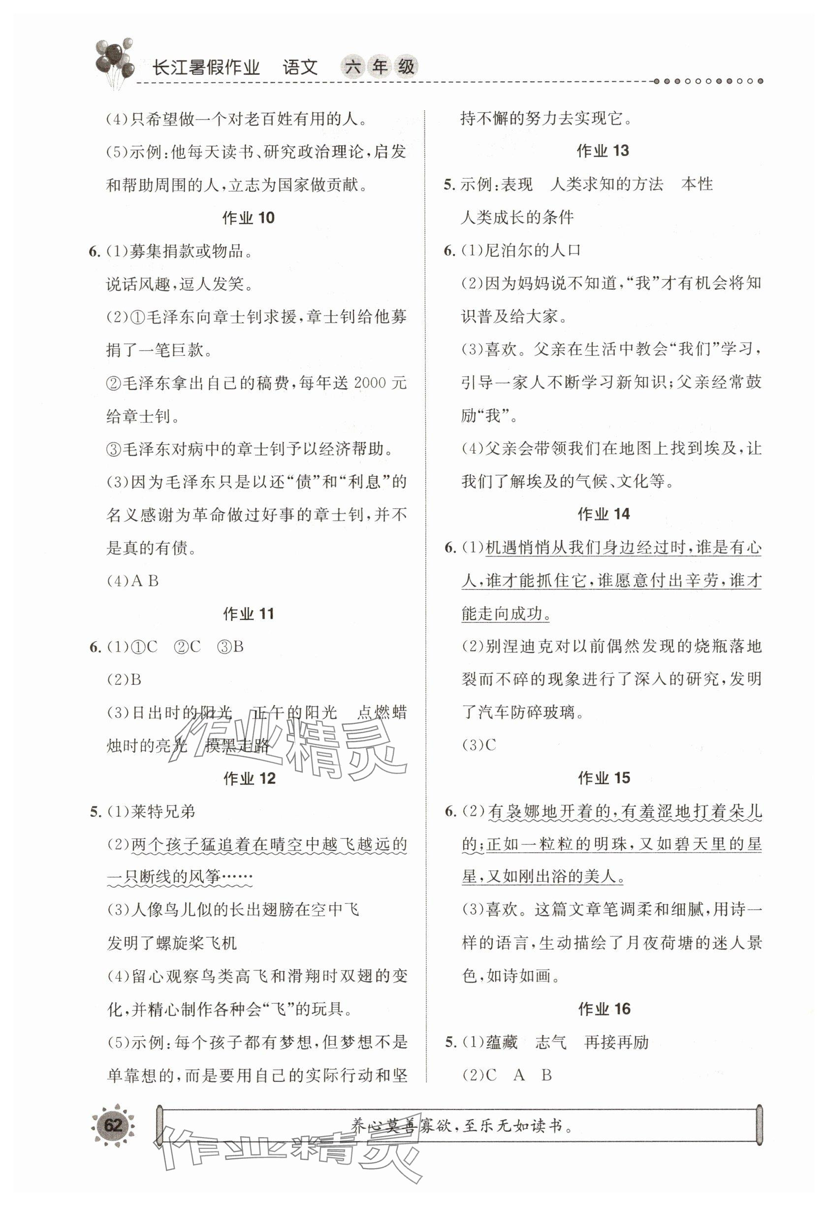 2025年长江暑假作业崇文书局六年级语文 参考答案第2页