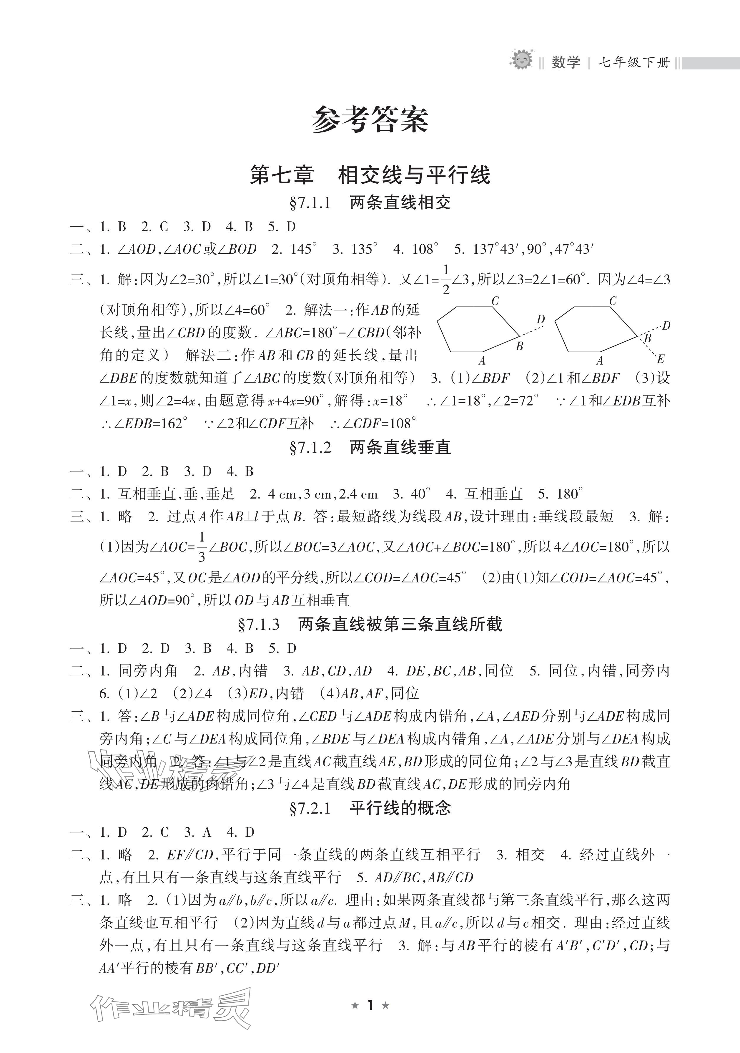 2025年新課程課堂同步練習(xí)冊七年級數(shù)學(xué)下冊人教版 參考答案第1頁