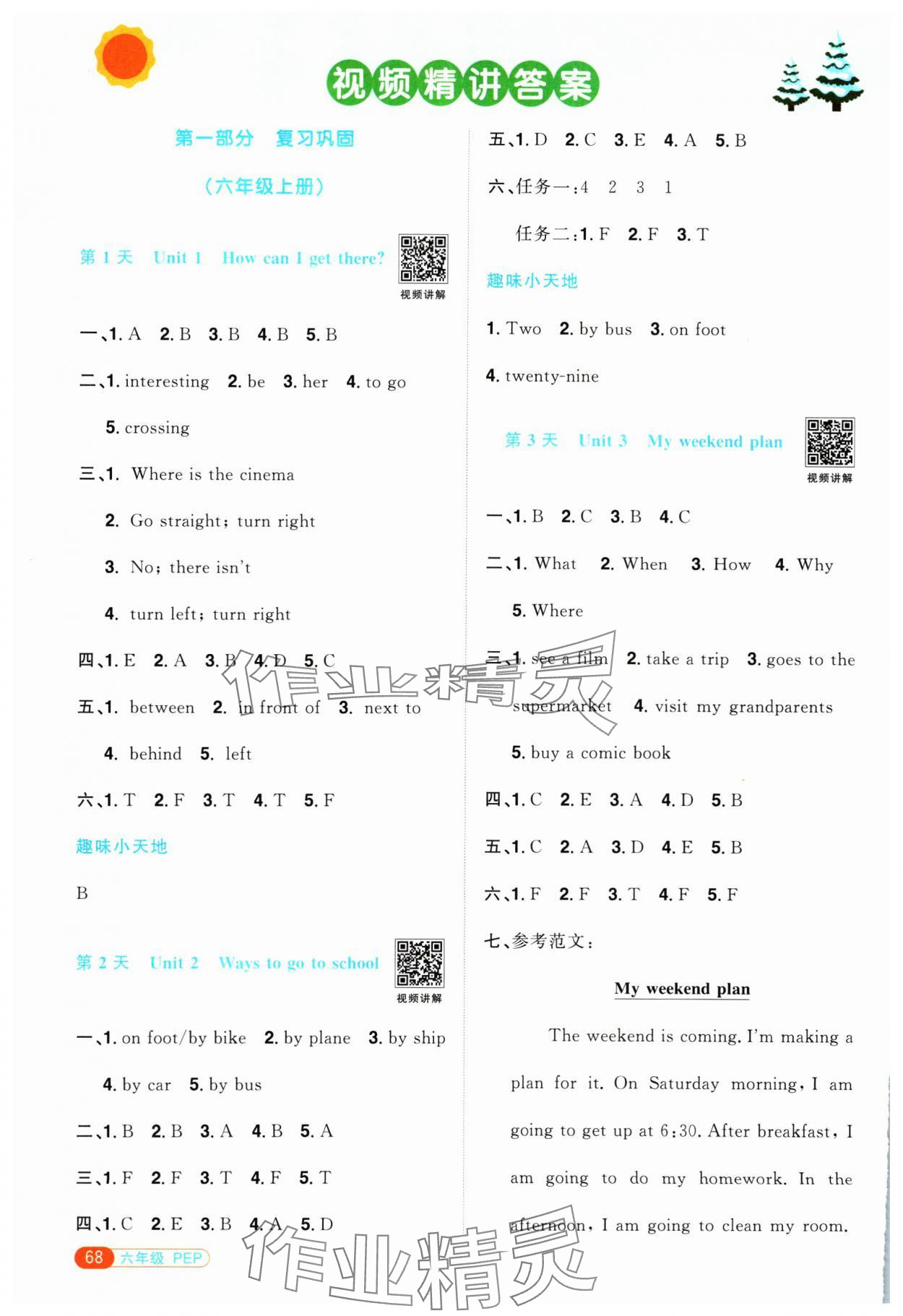 2025年陽光同學(xué)寒假銜接六年級(jí)英語人教PEP版 參考答案第1頁