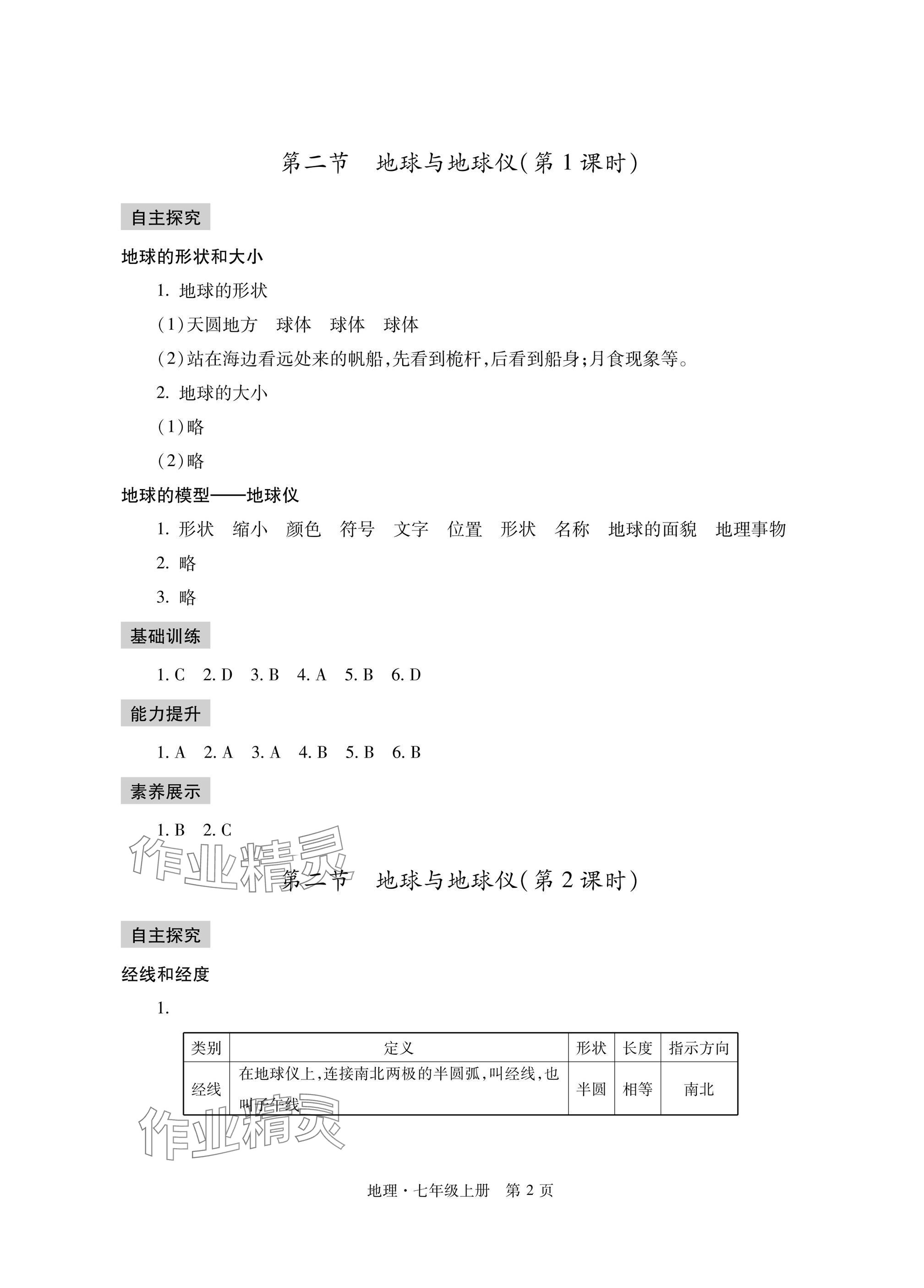2024年自主學習指導課程與測試七年級地理上冊人教版 參考答案第2頁