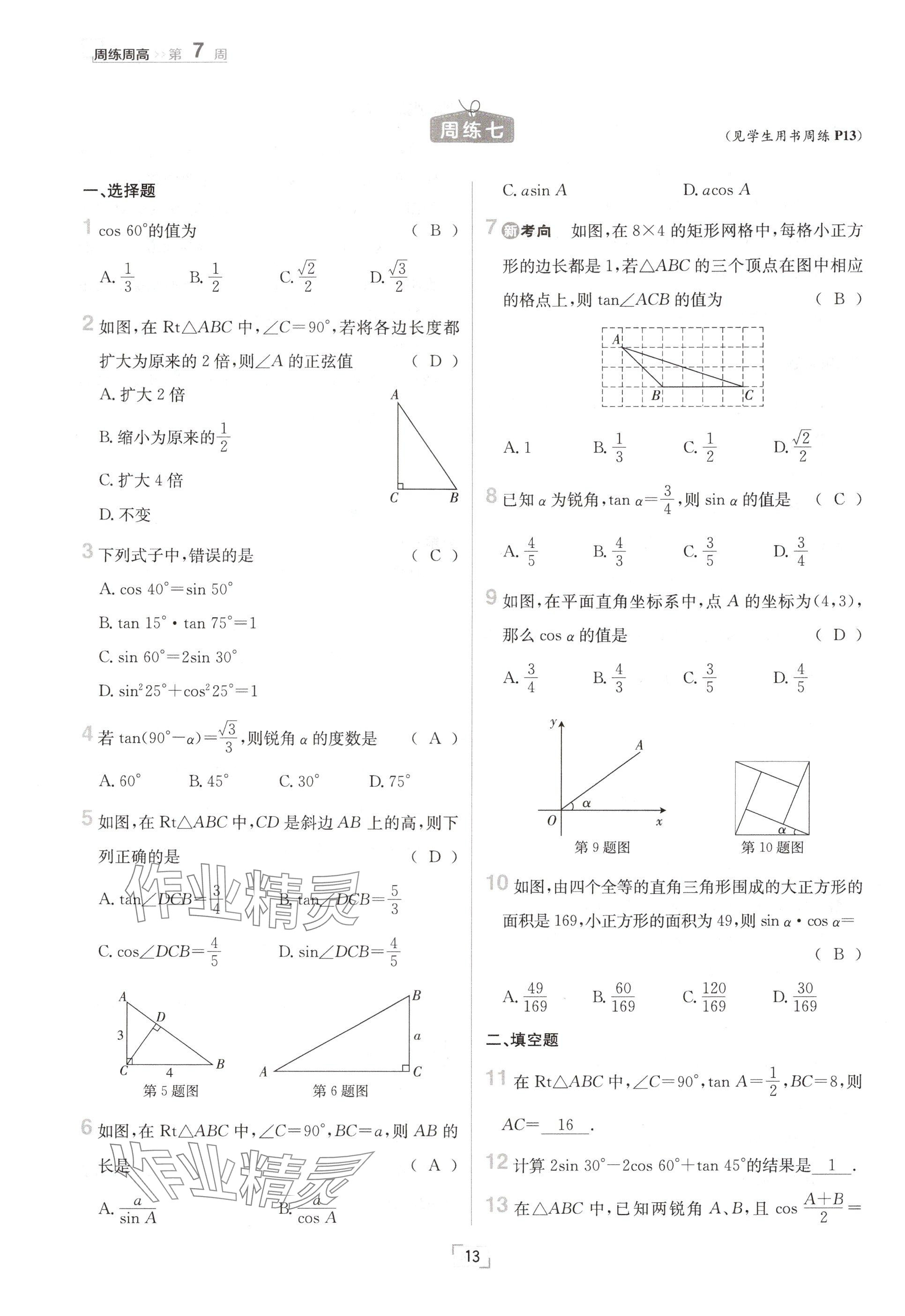 2024年日清周練九年級數(shù)學(xué)全一冊冀教版 參考答案第13頁