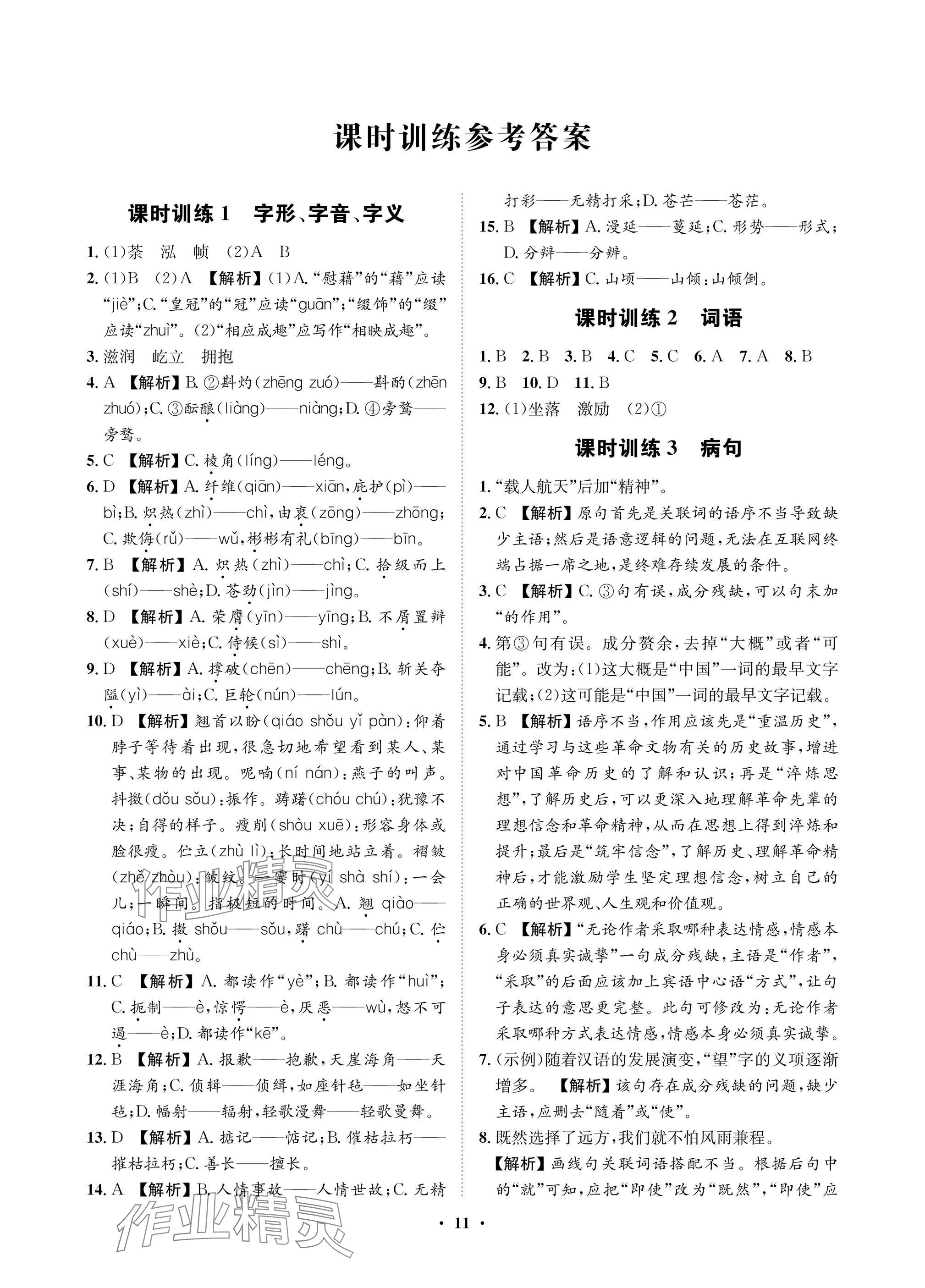 2025年湖北中考初中學(xué)業(yè)水平考試總復(fù)習(xí)語文通用版&nbsp;參考答案第11頁