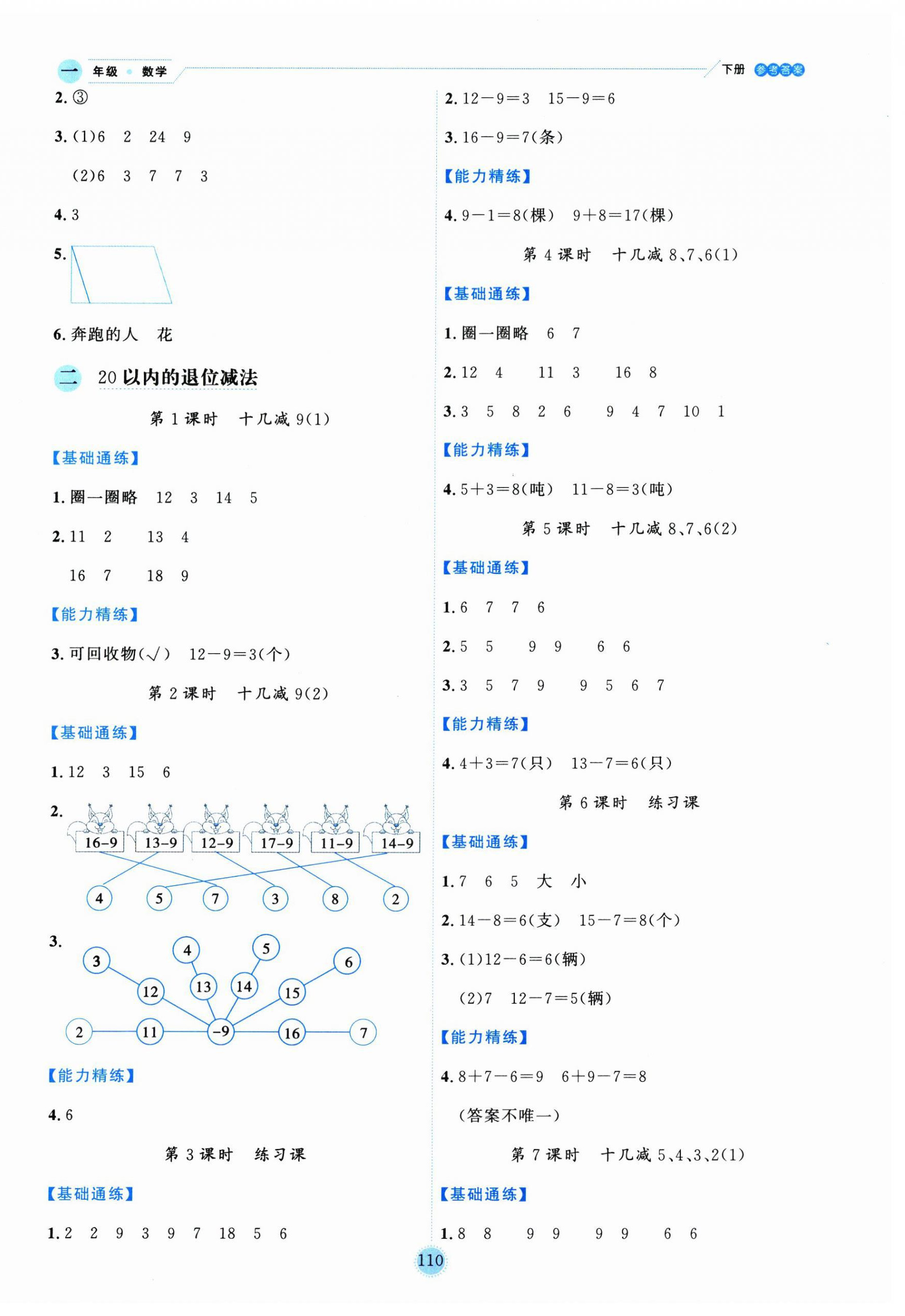 2025年优秀生作业本一年级数学下册人教版 参考答案第2页