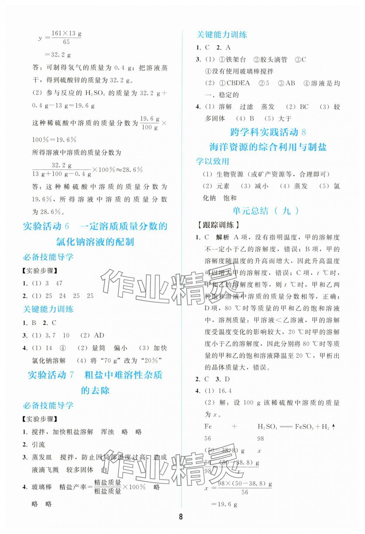 2025年同步輕松練習九年級化學下冊人教版 參考答案第7頁