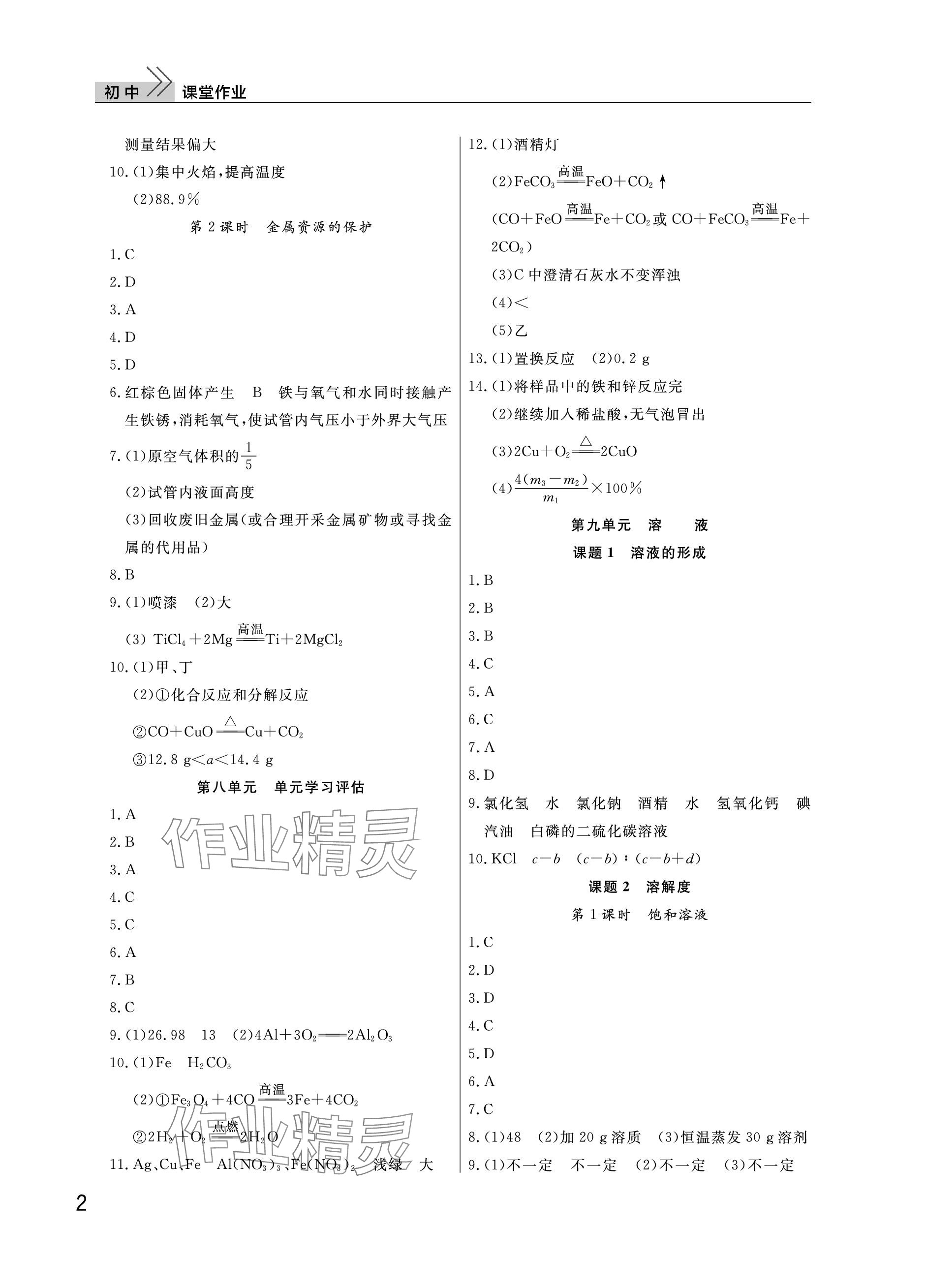 2024年課堂作業(yè)九年級化學(xué)下冊人教版武漢出版社 參考答案第2頁