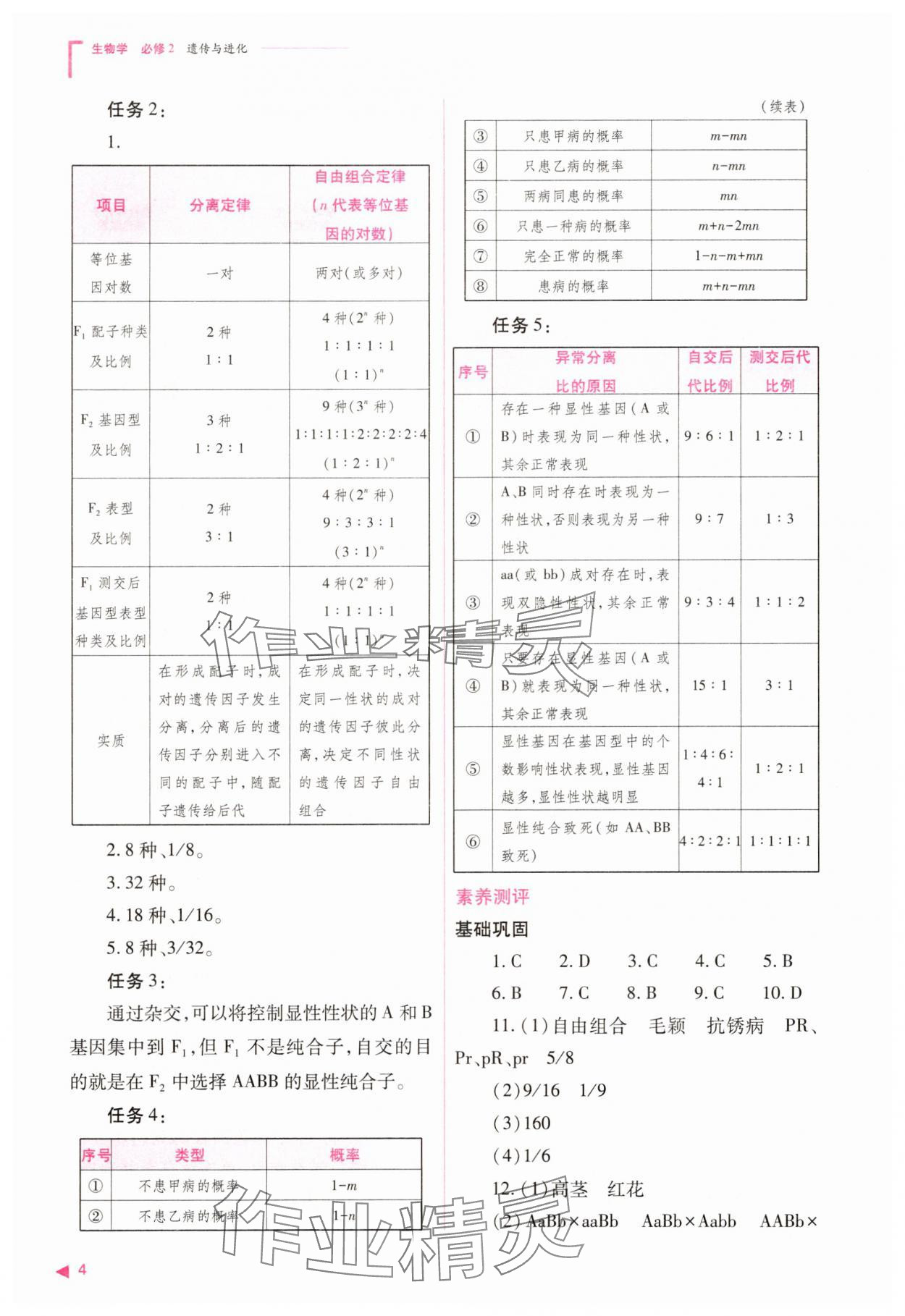 2025年普通高中同步練習(xí)冊(cè)高中生物必修2人教版 參考答案第4頁