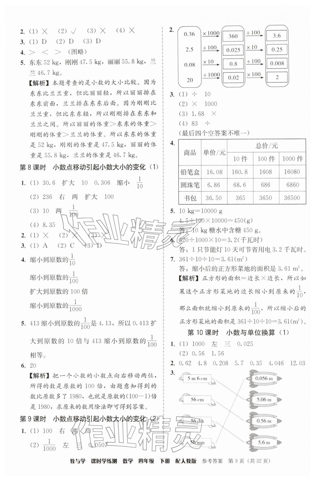 2026年教与学课时学练测四年级数学下册人教版&nbsp;参考答案第9页
