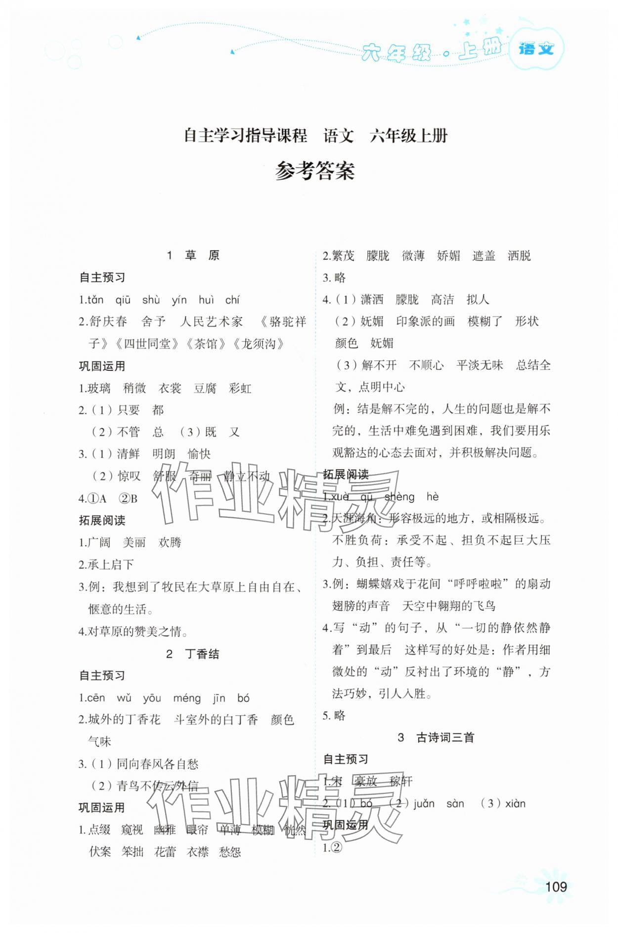2025年自主学习指导课程六年级语文上册人教版 参考答案第1页