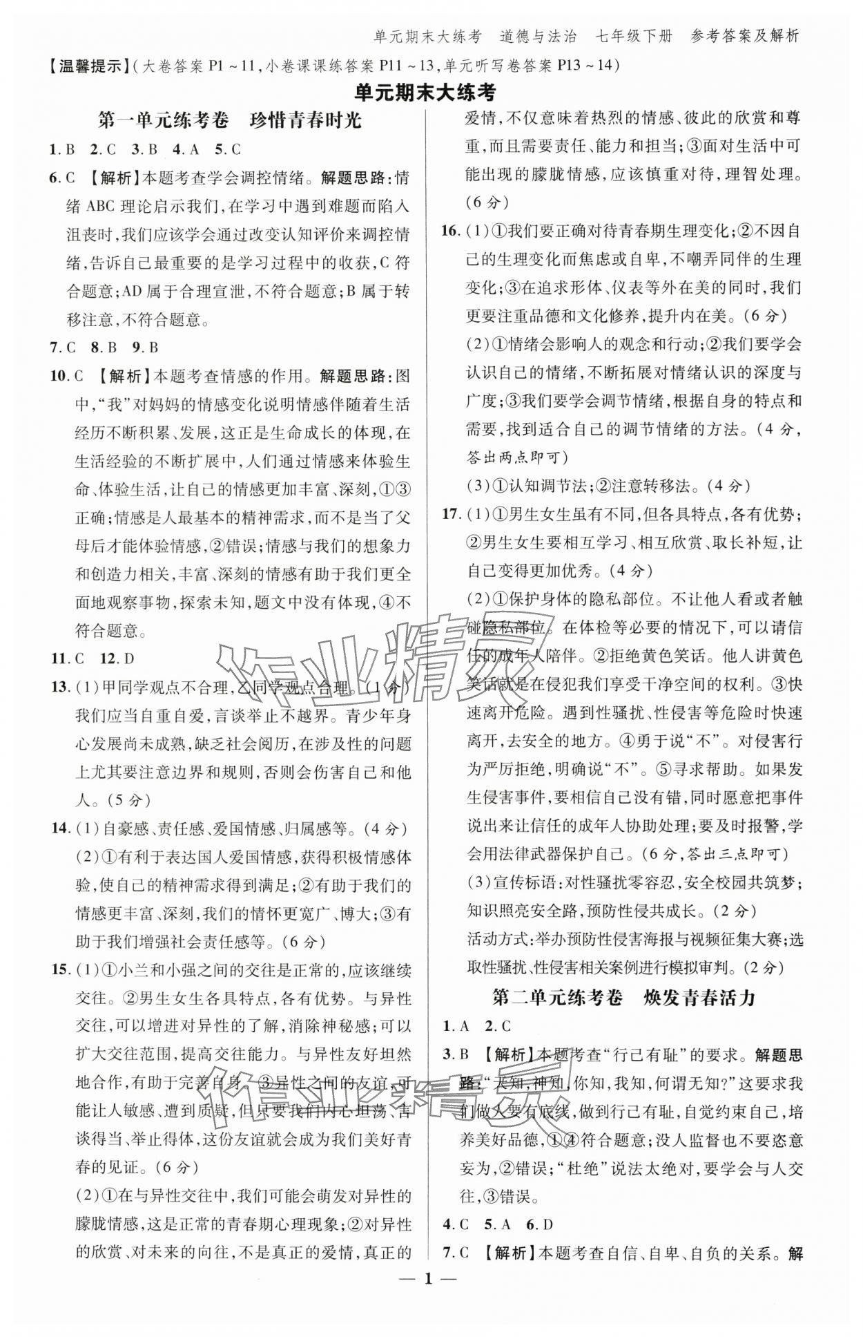 2025年練客單元期末大練考七年級道德與法治下冊人教版安徽專版 參考答案第1頁