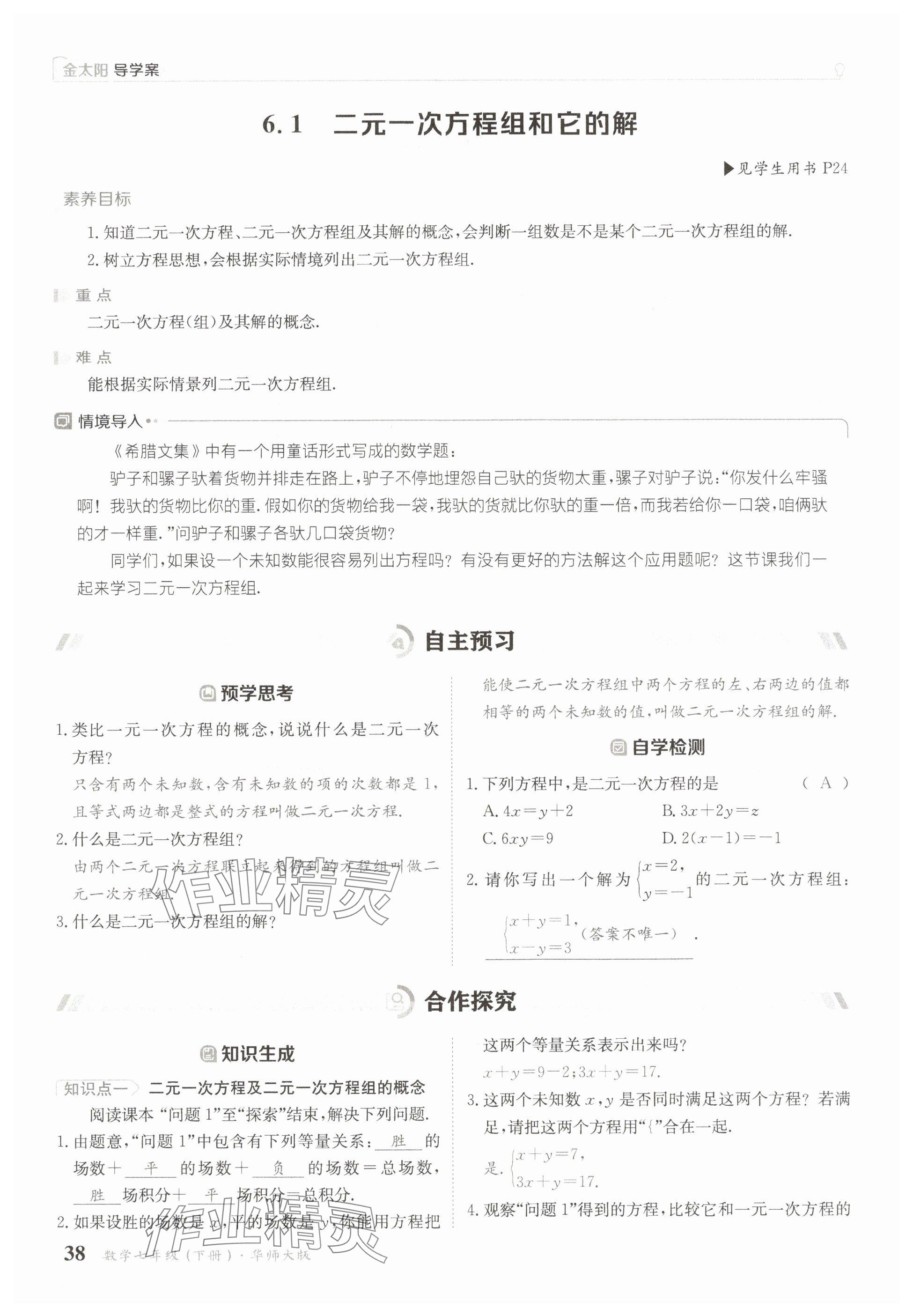2025年金太陽導學案七年級數學下冊華師大版 參考答案第38頁