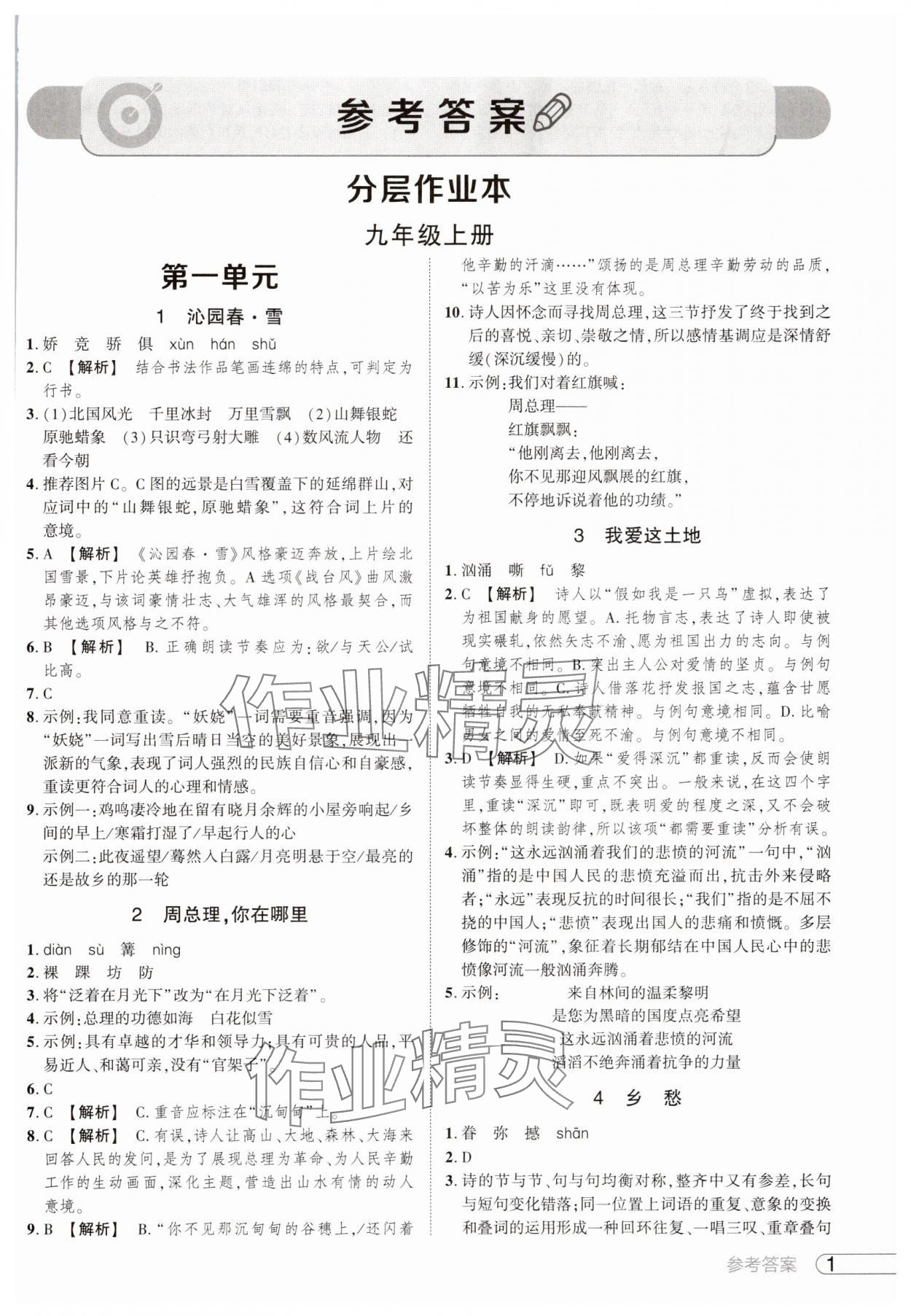 2025年鼎成中考活页好题九年级语文人教版河南专版 参考答案第1页
