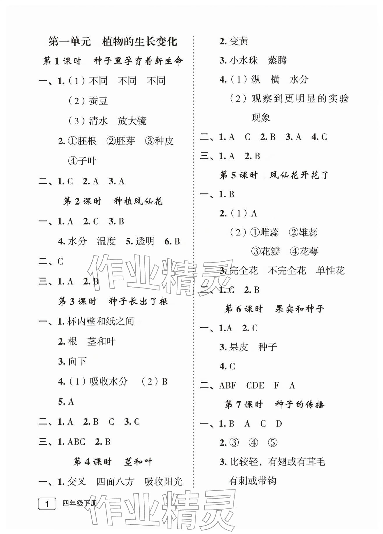 2026年名师面对面先学后练四年级科学下册教科版评议教辅&nbsp;参考答案第1页