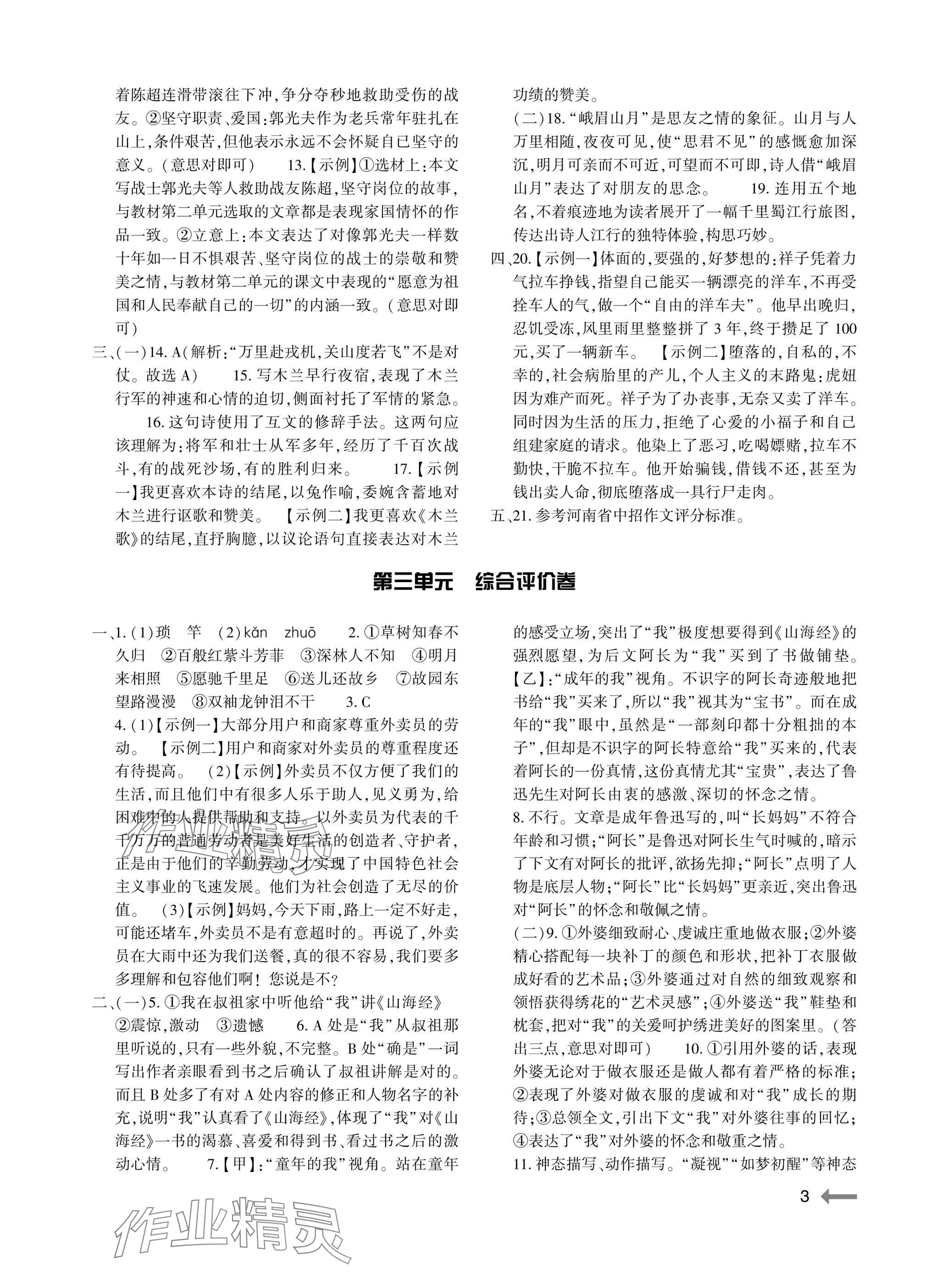 2025年节节高大象出版社七年级语文下册人教版 参考答案第3页