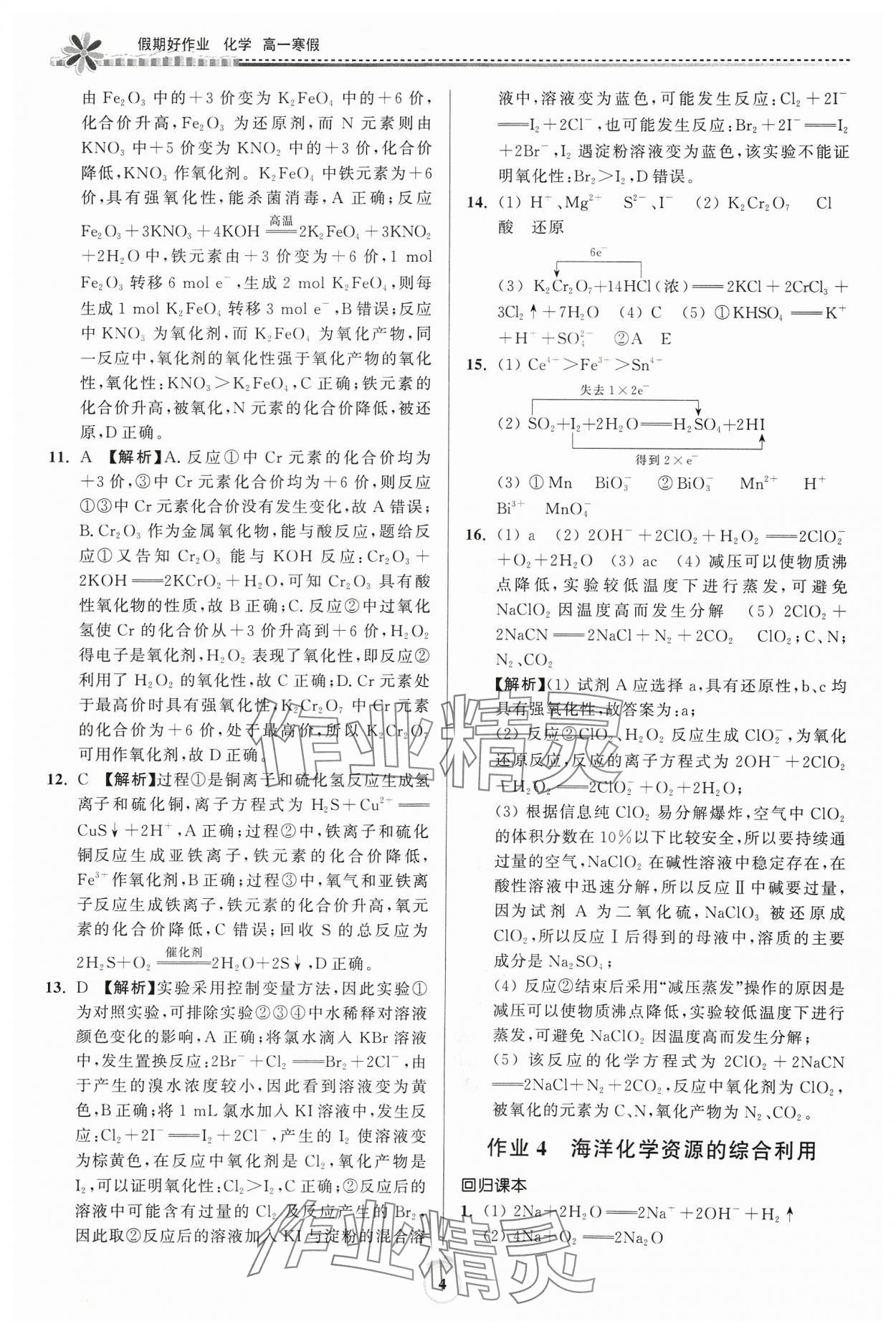 2024年假期好作业高一化学寒假 参考答案第4页