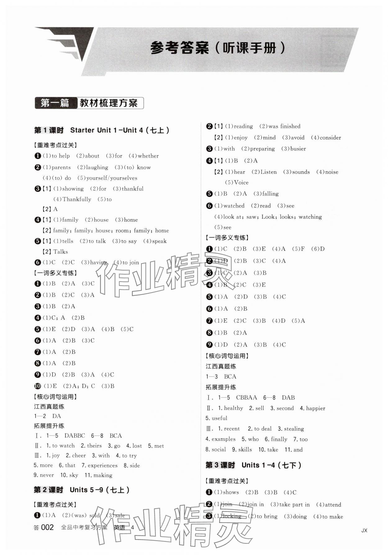 2025年全品中考復(fù)習方案英語江西專版 參考答案第1頁