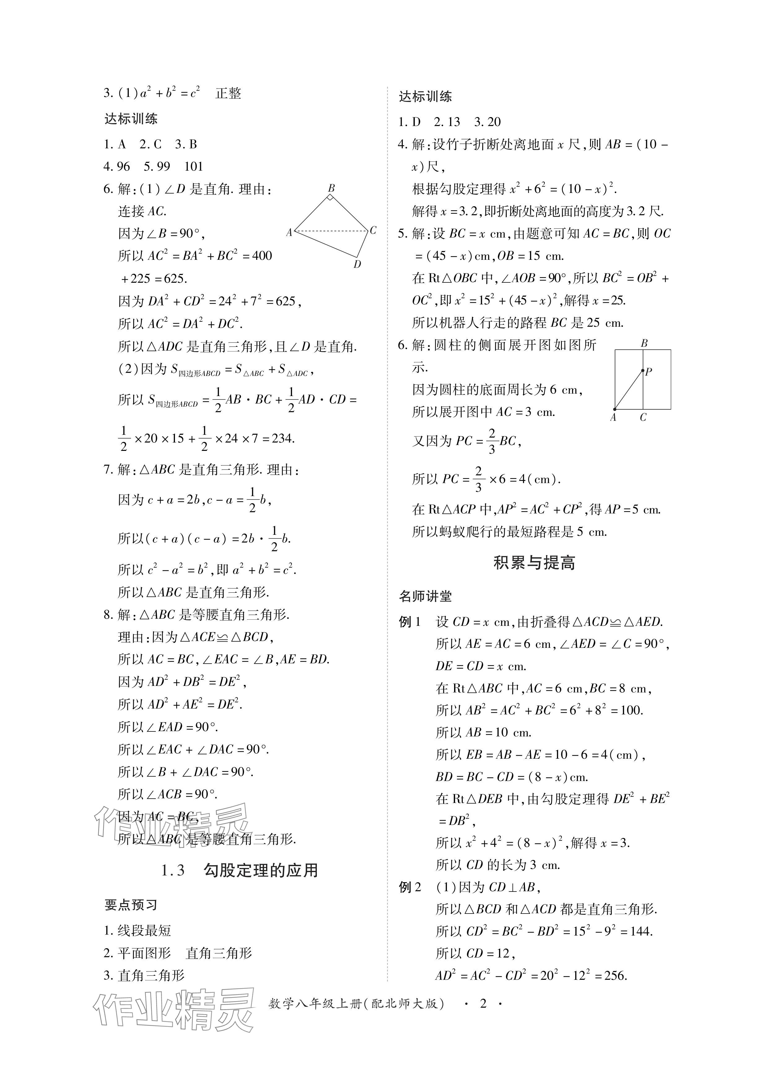 2024年一课一练创新练习八年级数学上册北师大版 参考答案第2页