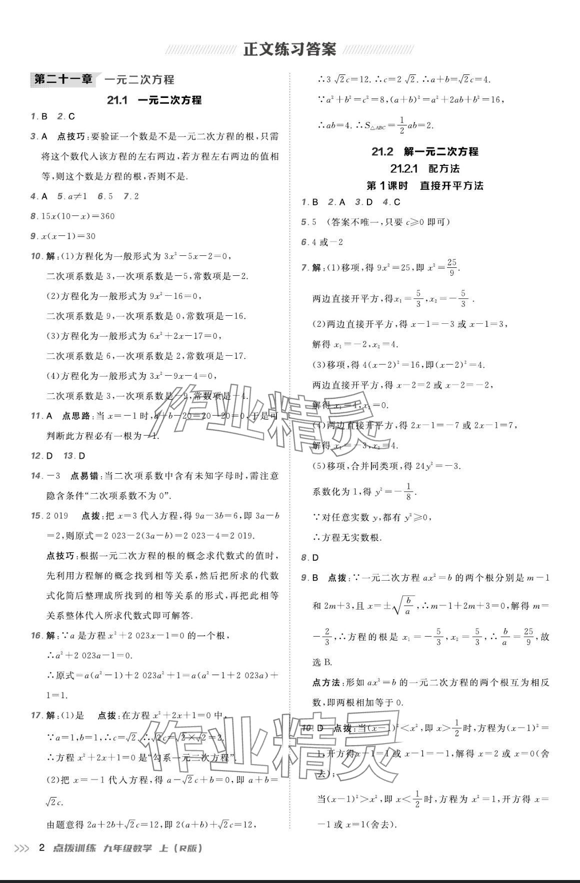 2024年点拨训练九年级数学上册人教版 参考答案第1页