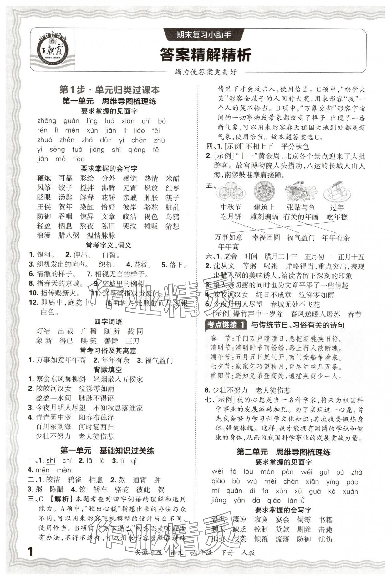 2025年王朝霞期末試卷研究六年級語文下冊人教版安徽專版 參考答案第1頁