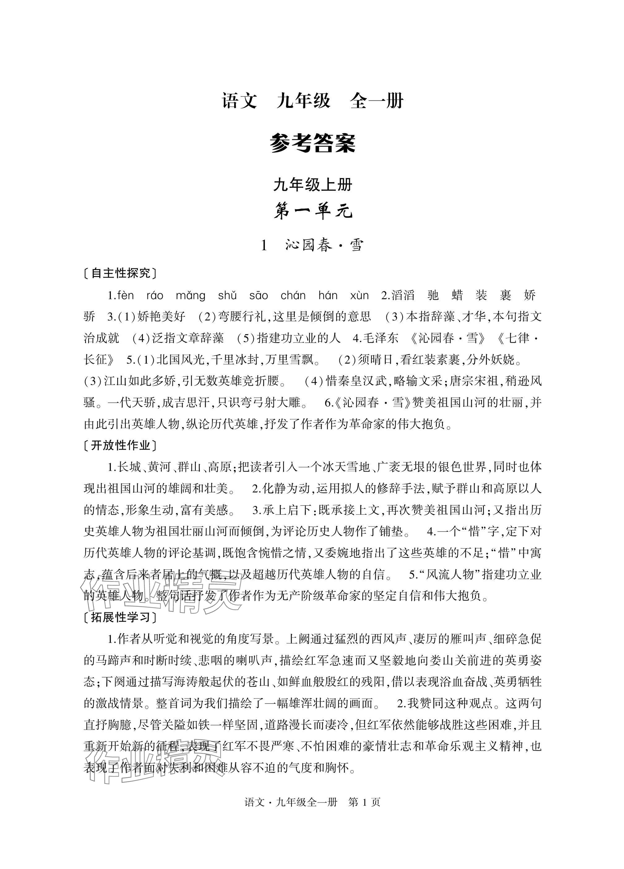 2024年自主學(xué)習(xí)指導(dǎo)課程與測試九年級語文全一冊人教版 參考答案第1頁