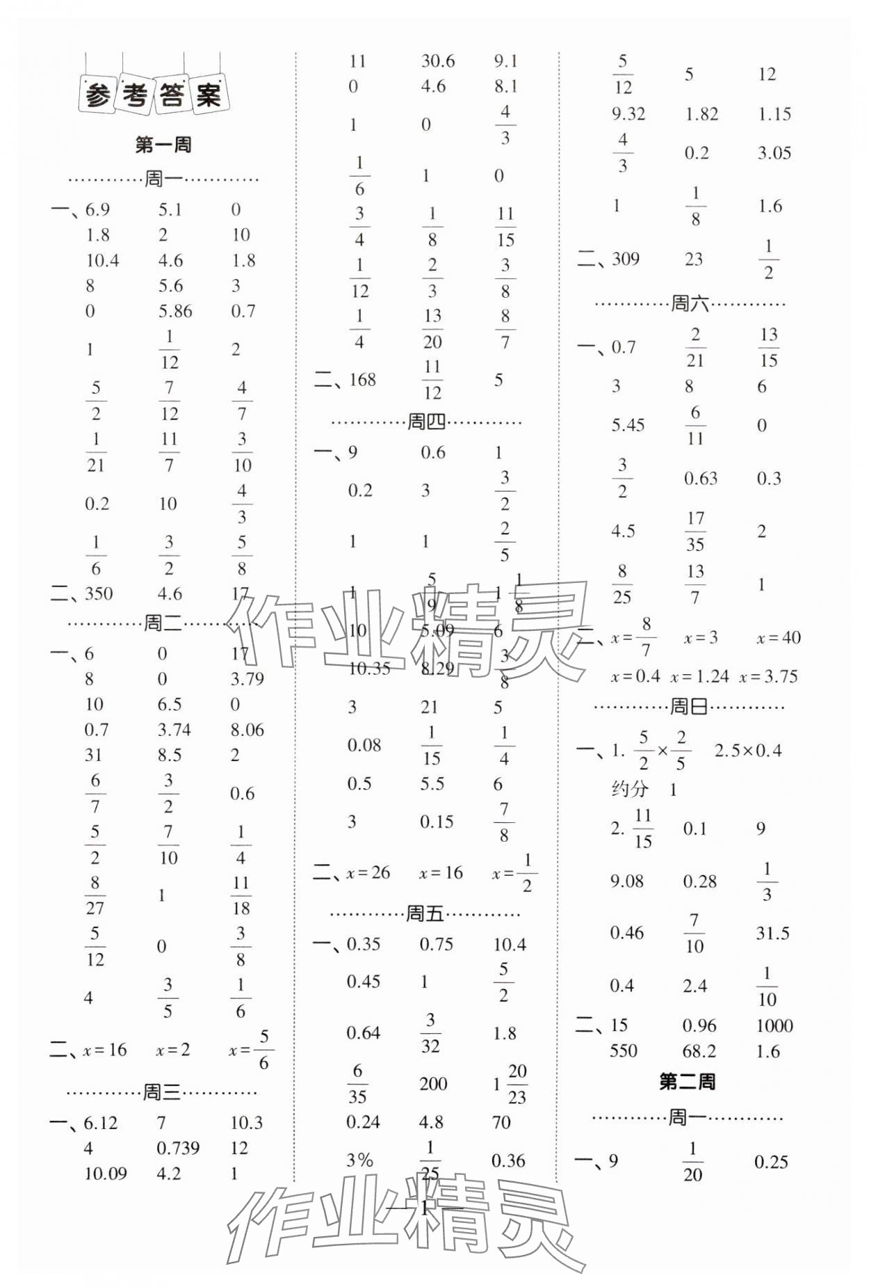 2025年經綸學典計算小能手六年級數(shù)學下冊人教版 第1頁