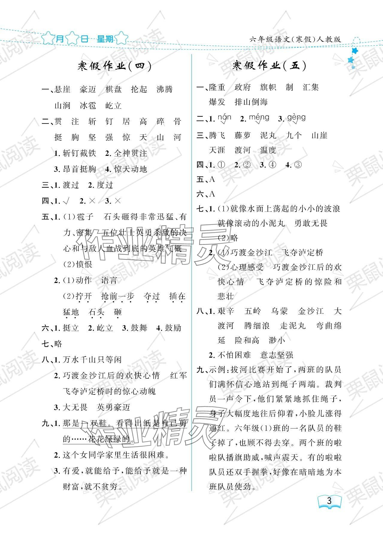 2024年阳光假日寒假六年级语文人教版 参考答案第3页