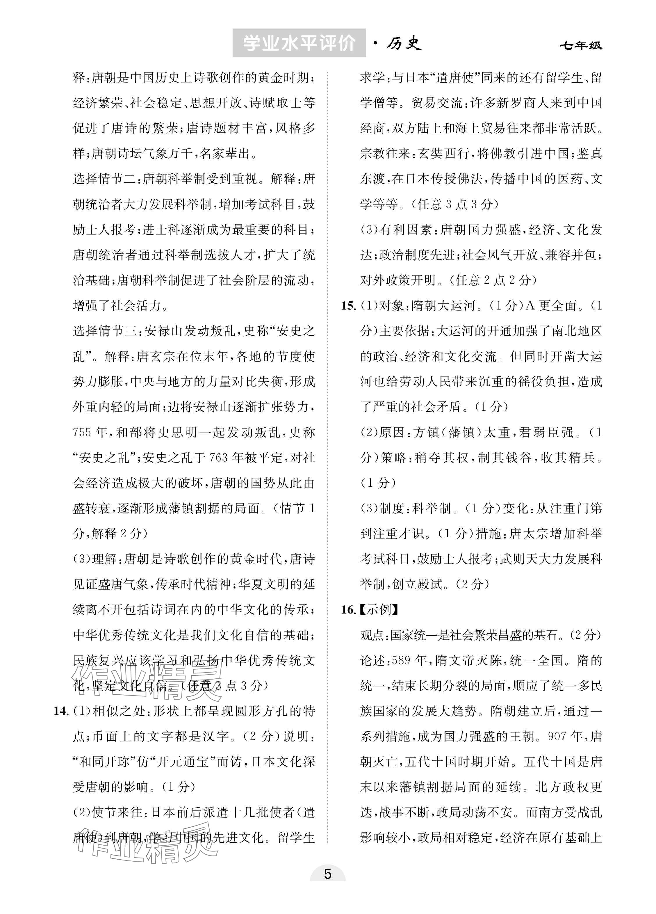 2025年學(xué)業(yè)水平評(píng)價(jià)同步檢測(cè)卷七年級(jí)歷史下冊(cè)人教版 參考答案第5頁(yè)