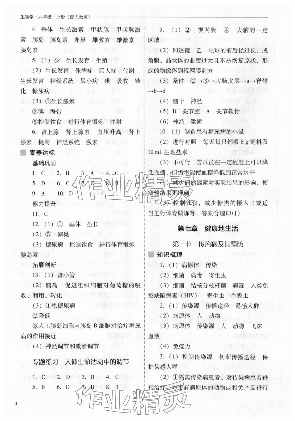 2025年新课程问题解决导学方案八年级生物上册人教版 参考答案第4页