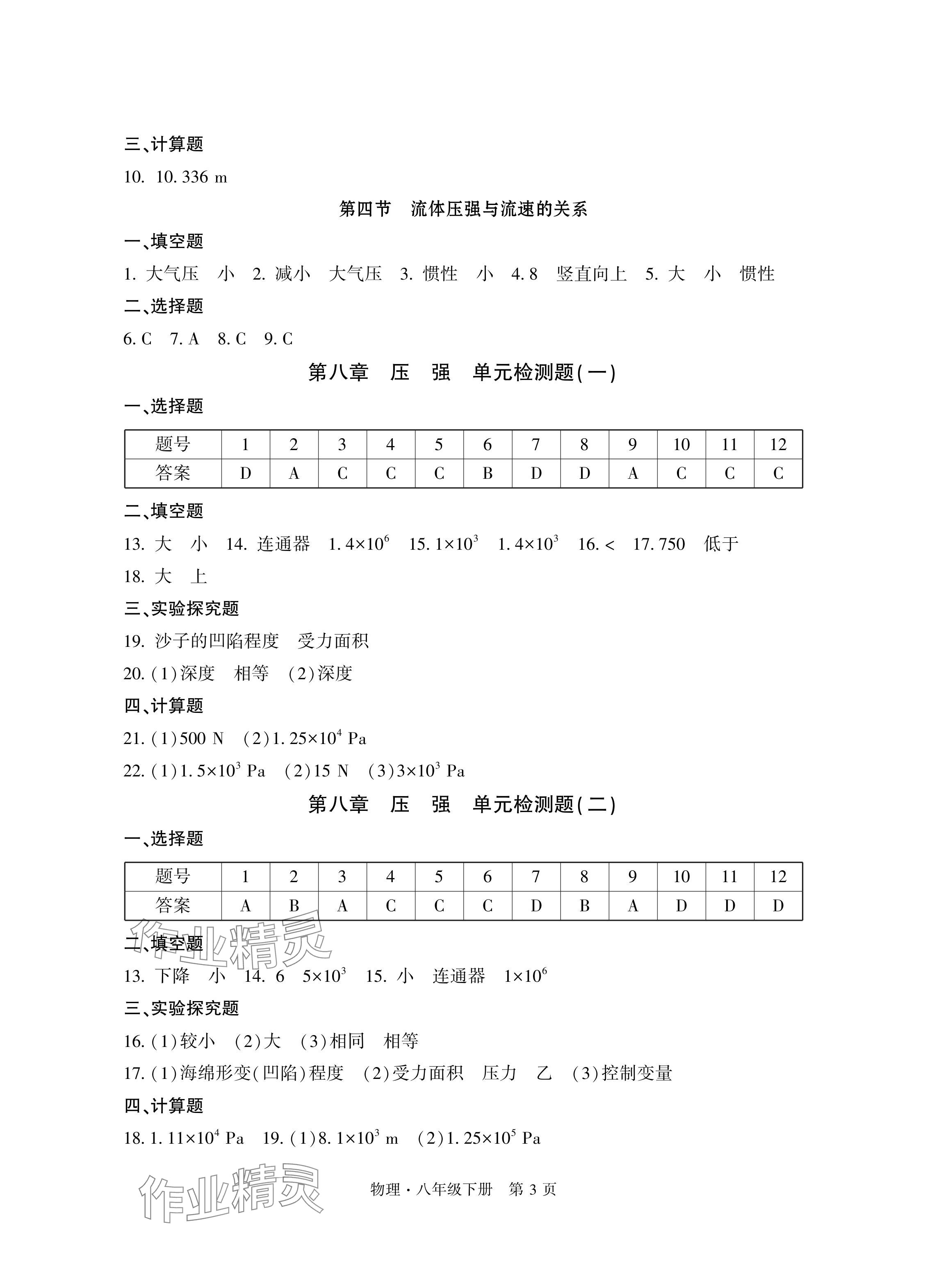 2024年初中同步練習(xí)冊(cè)自主測試卷八年級(jí)物理下冊(cè)滬科版 參考答案第3頁