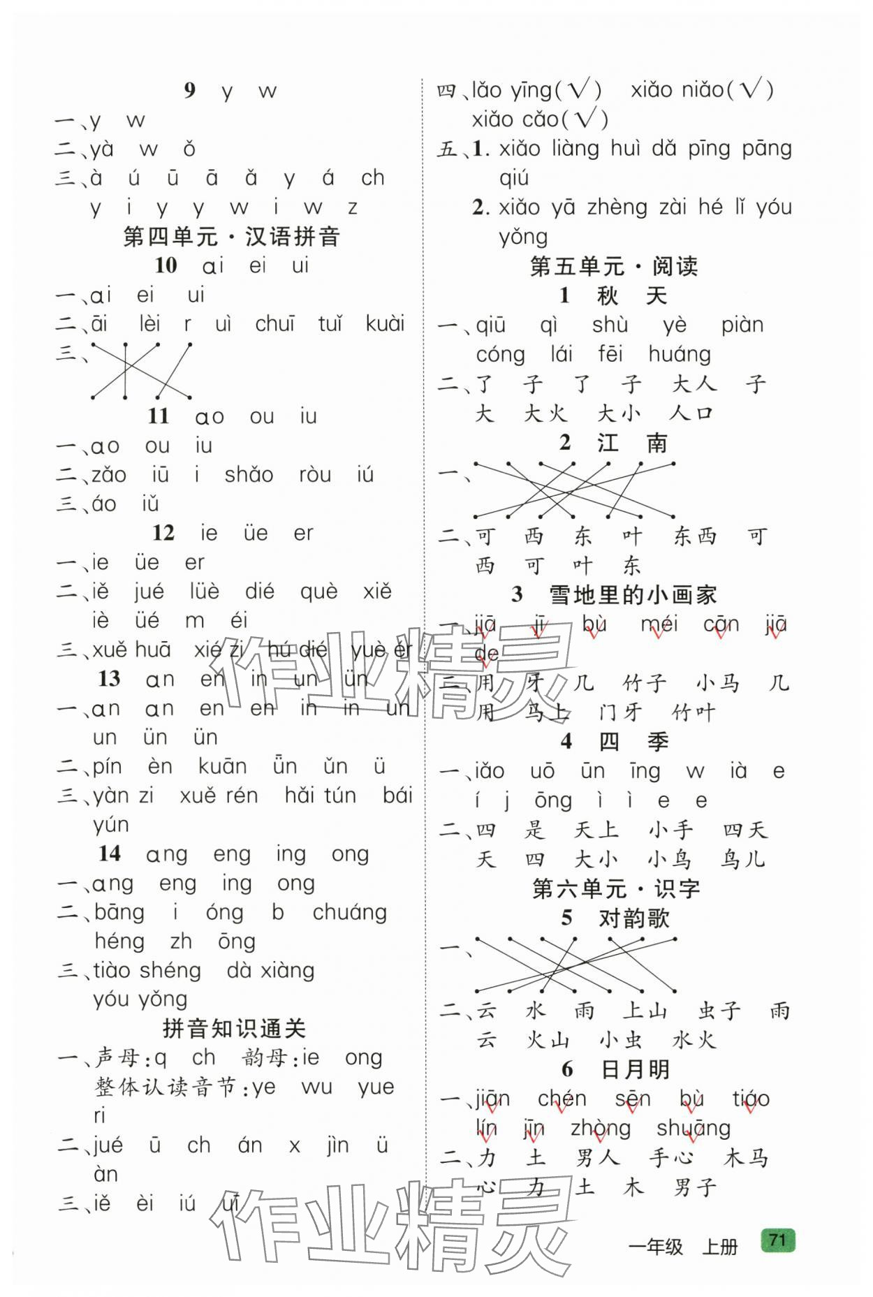 2024年帮你学一年级语文上册人教版 参考答案第2页