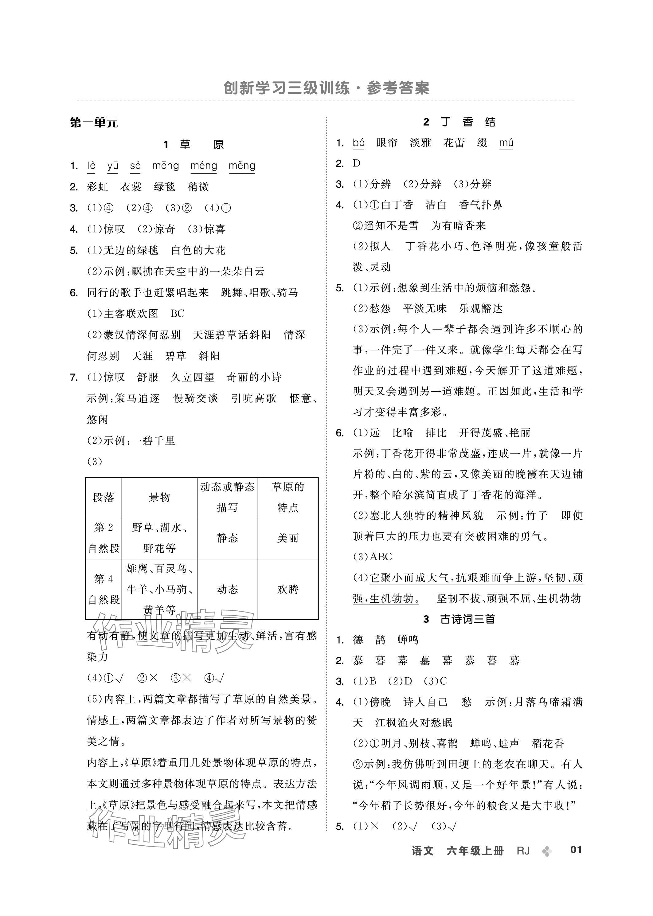 2023年創(chuàng)新學(xué)習(xí)三級(jí)訓(xùn)練六年級(jí)語文上冊(cè)人教版 參考答案第1頁