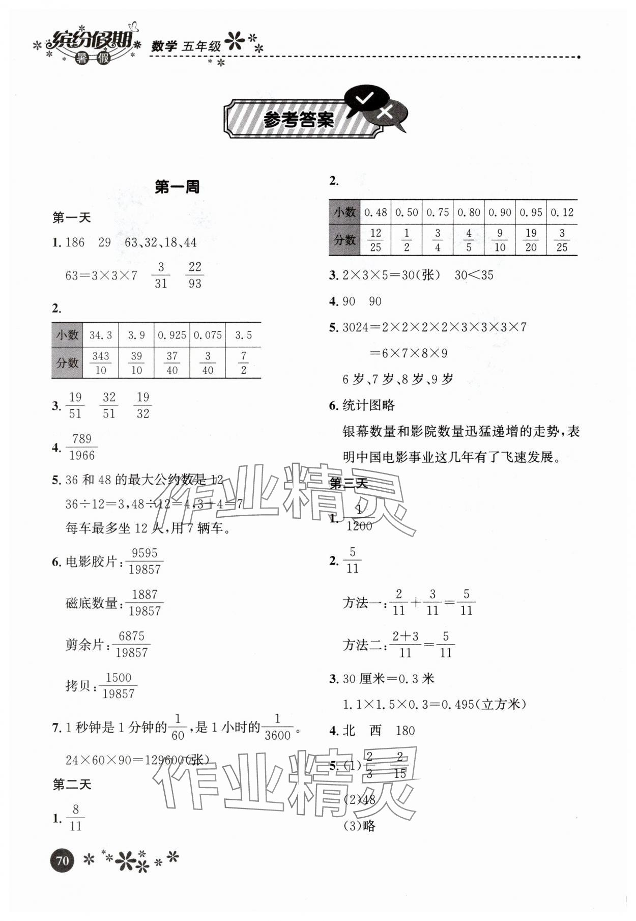 2025年缤纷假期河北教育出版社五年级数学 参考答案第1页