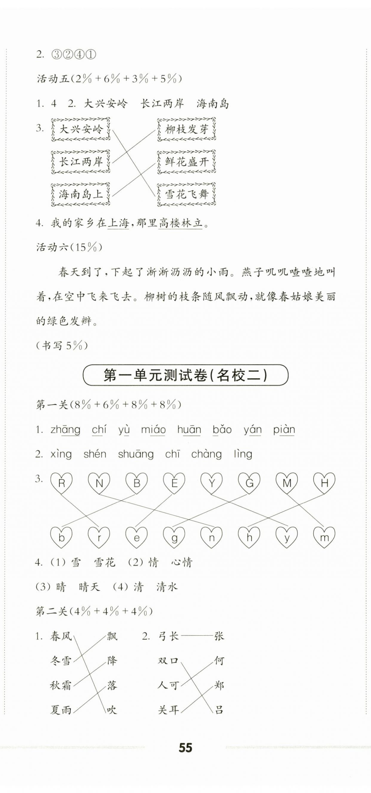 2025年上海名校名卷一年级语文下册人教版五四制 参考答案第2页