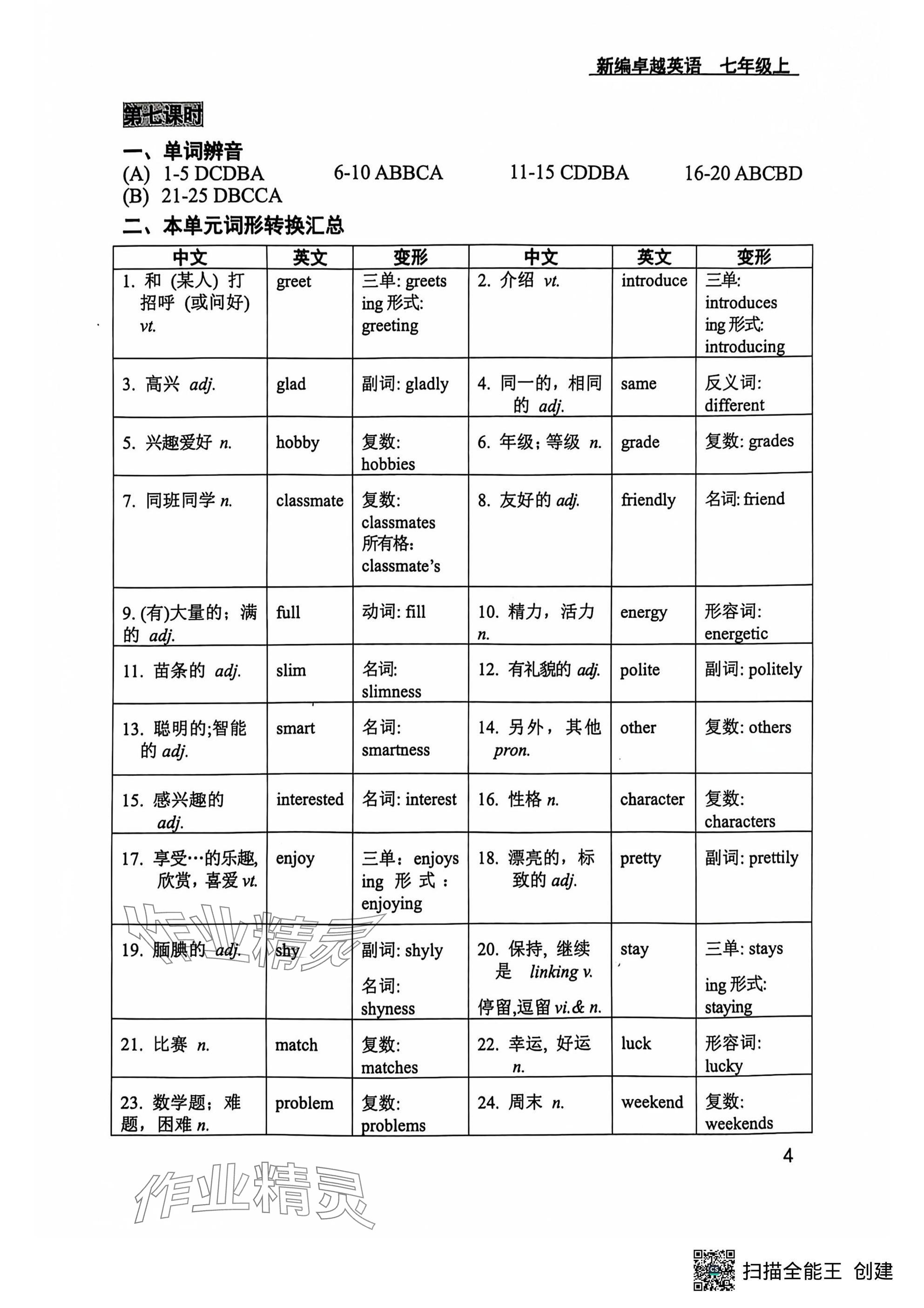 2024年卓越英語七年級上冊譯林版 參考答案第4頁