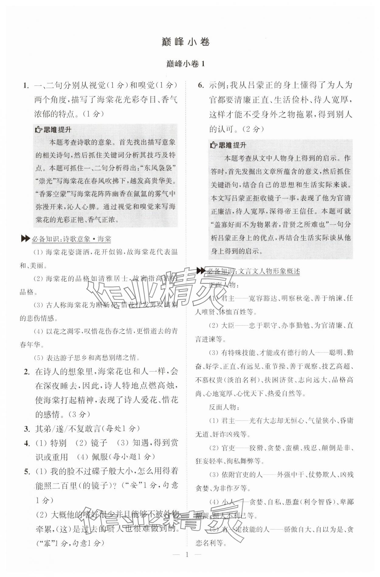 2024年小題狂做七年級語文下冊人教版巔峰版 參考答案第1頁