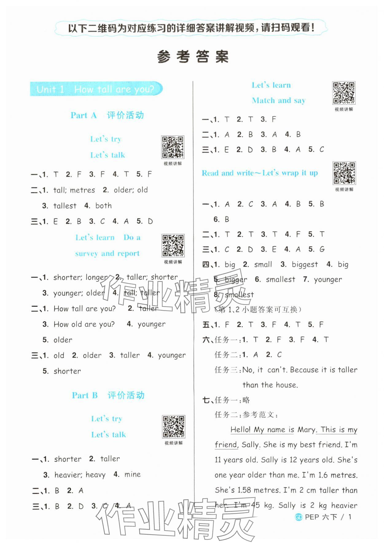 2025年阳光同学课时优化作业六年级英语下册人教版广东专版 参考答案第1页