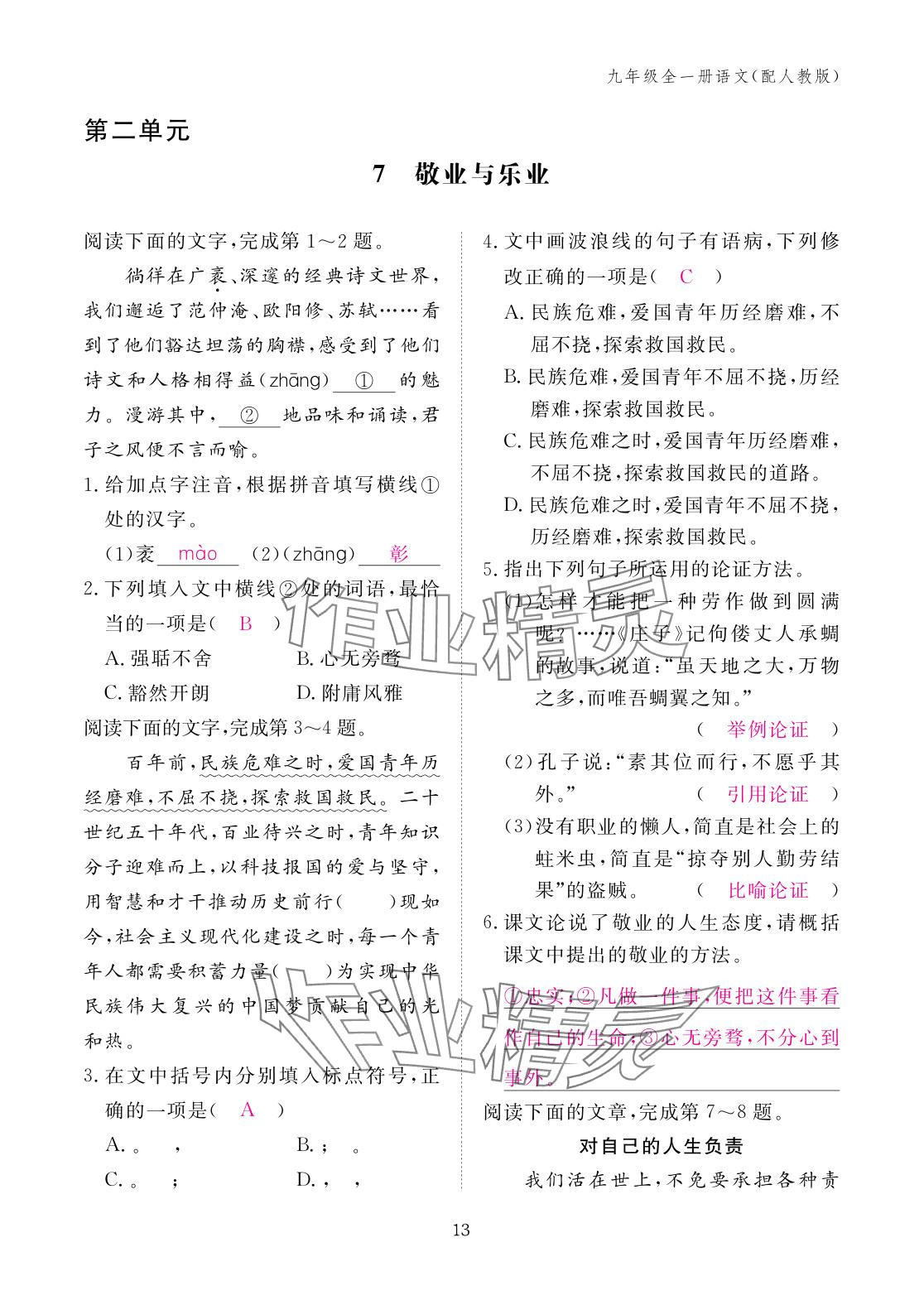 2025年作业本江西教育出版社九年级语文全一册人教版 参考答案第13页