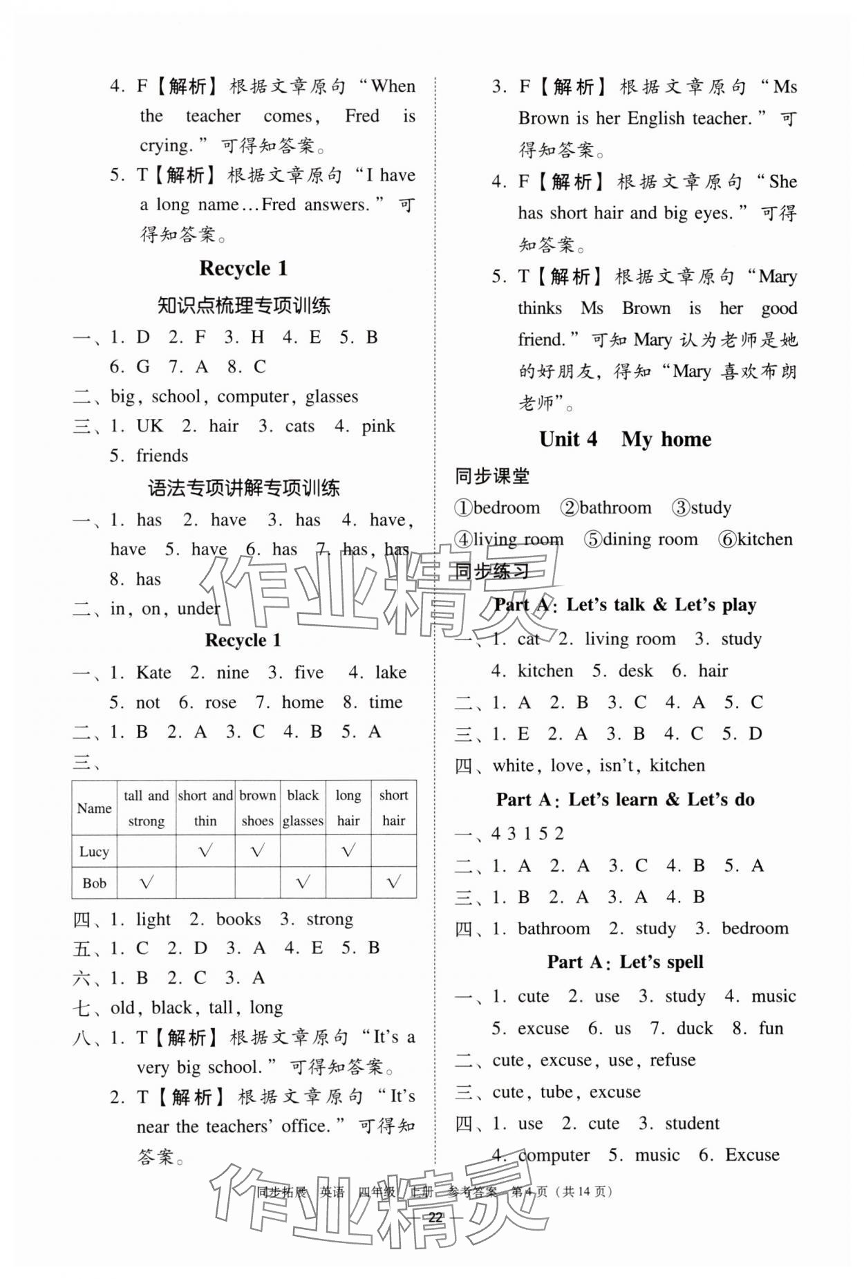 2023年同步拓展四年級英語上冊人教版中山專版 參考答案第4頁