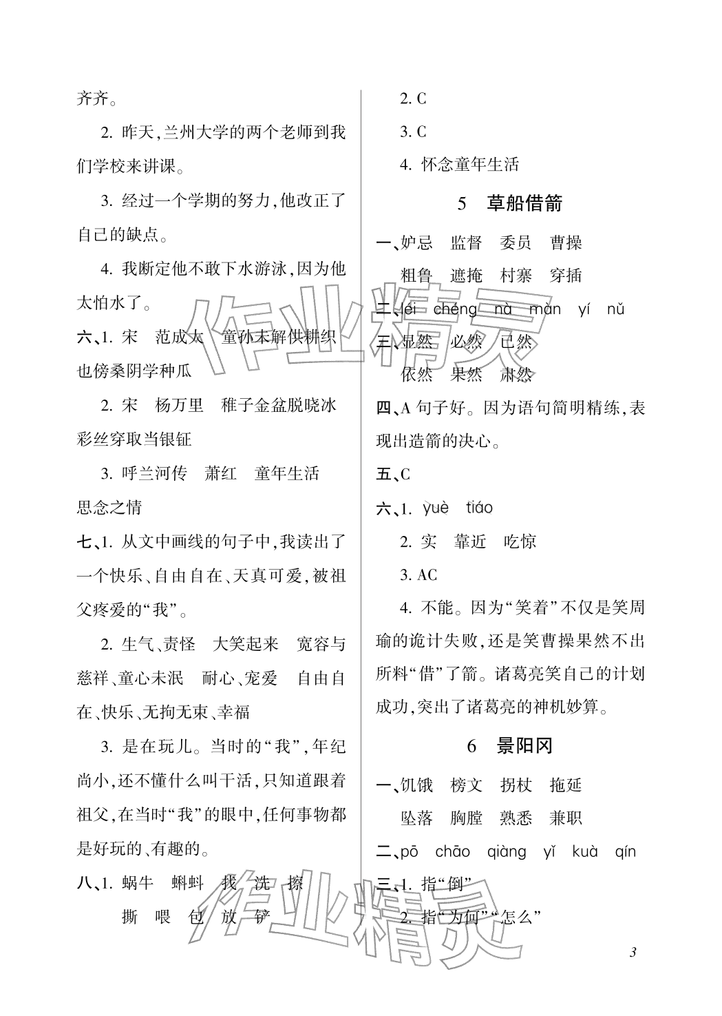 2026年配套练习与检测五年级语文下册人教版&nbsp;参考答案第3页