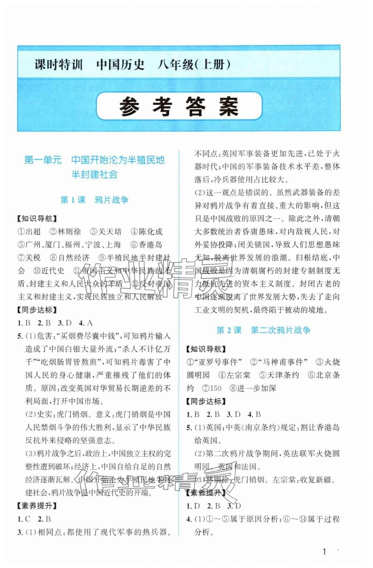 2025年课时特训八年级历史上册人教版 第1页